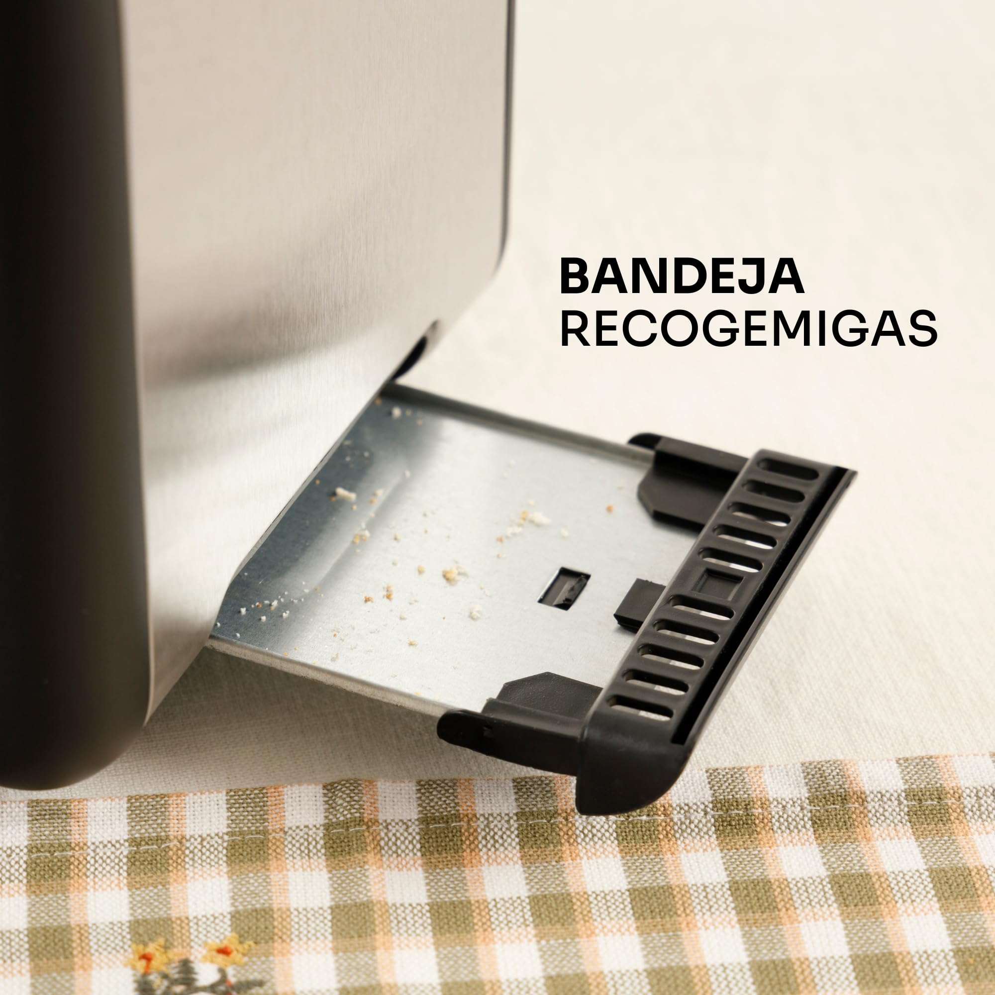 Mellerware - Tostadora Crispy! Inox 850W | 3en1 (Recalentar, Descongelar, Tostar) | 6 Funciones | Ranuras 14x4cm | Bandeja Recogemigas | Diseño Único Vintage | Silenciosa | Libre de BPA | Negro