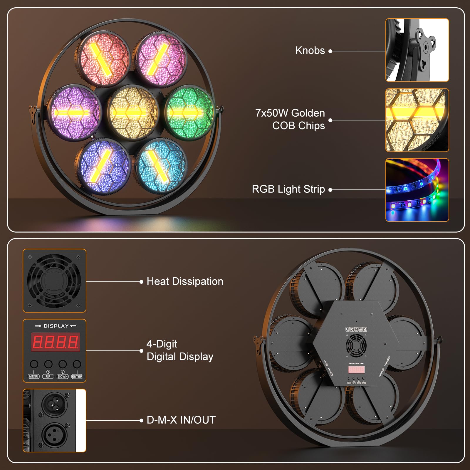 350W Par LED Scenico Lineare Vintage,7 LEDs COB Luce Calda + 189 LEDs RGB,Proiettore Luci da Palco Controllo DMX512,Illuminazione Discoteca per Feste Bar DJ Matrimonio Concerti Halloween Natale,2PCS