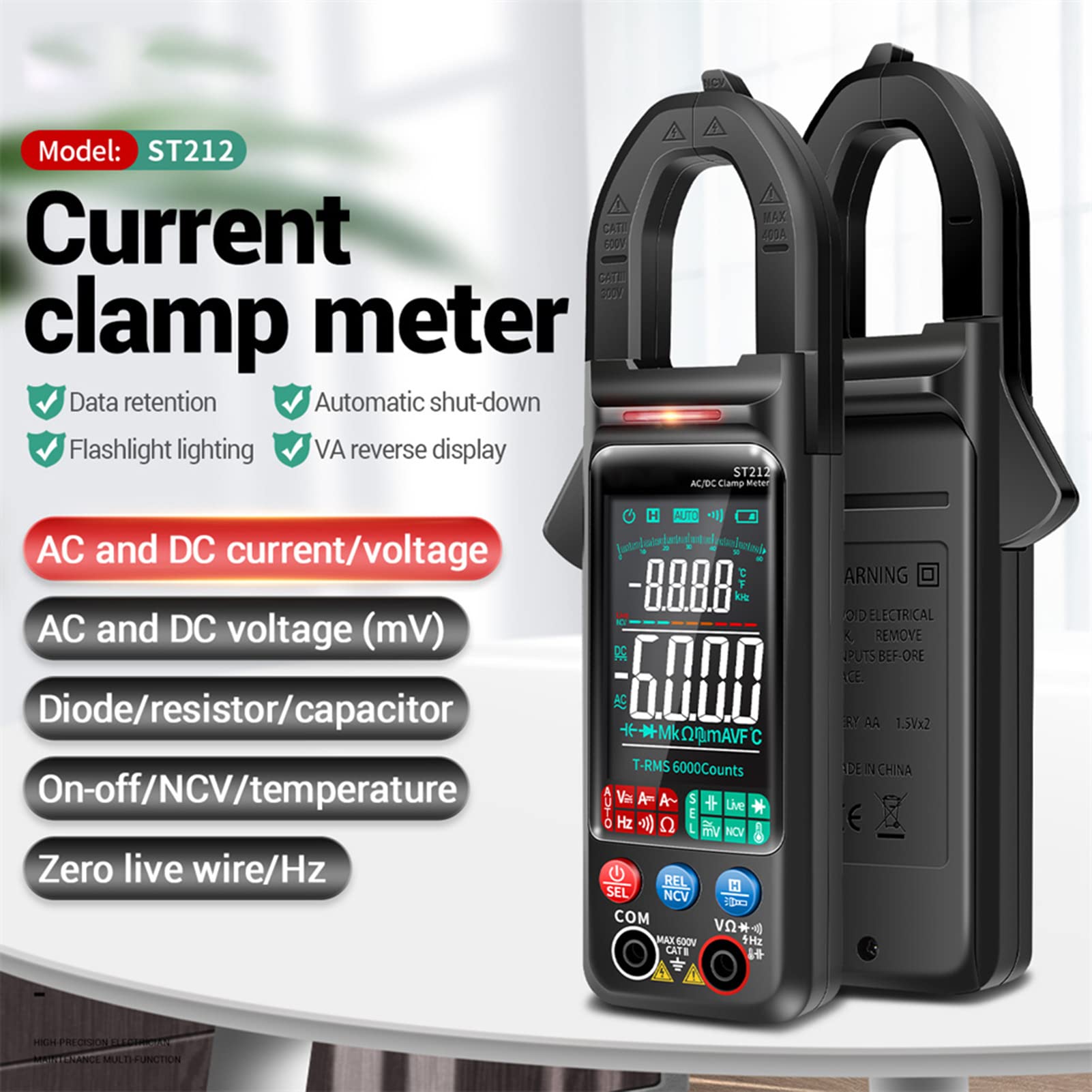 Cyfrowy inteligentny amperymetryczny zacisk, ST212 AC DC Prąd Cyfrowy amperymetryczny 6000 koralików Tester rezystancji napięcia Tester rezystancji napięcia do testu prądu napięciowego (czarny)