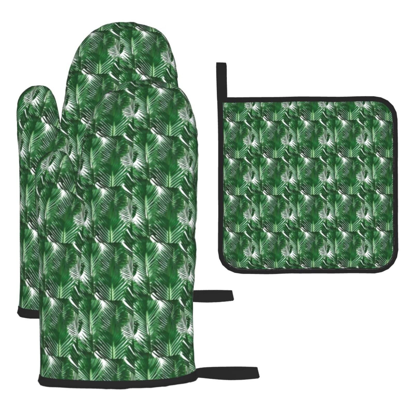 Green Palm Leaf Print Oven Mitts Kitchen Gloves Set Everyday Baking Grilling Microwaving Cooking Gift