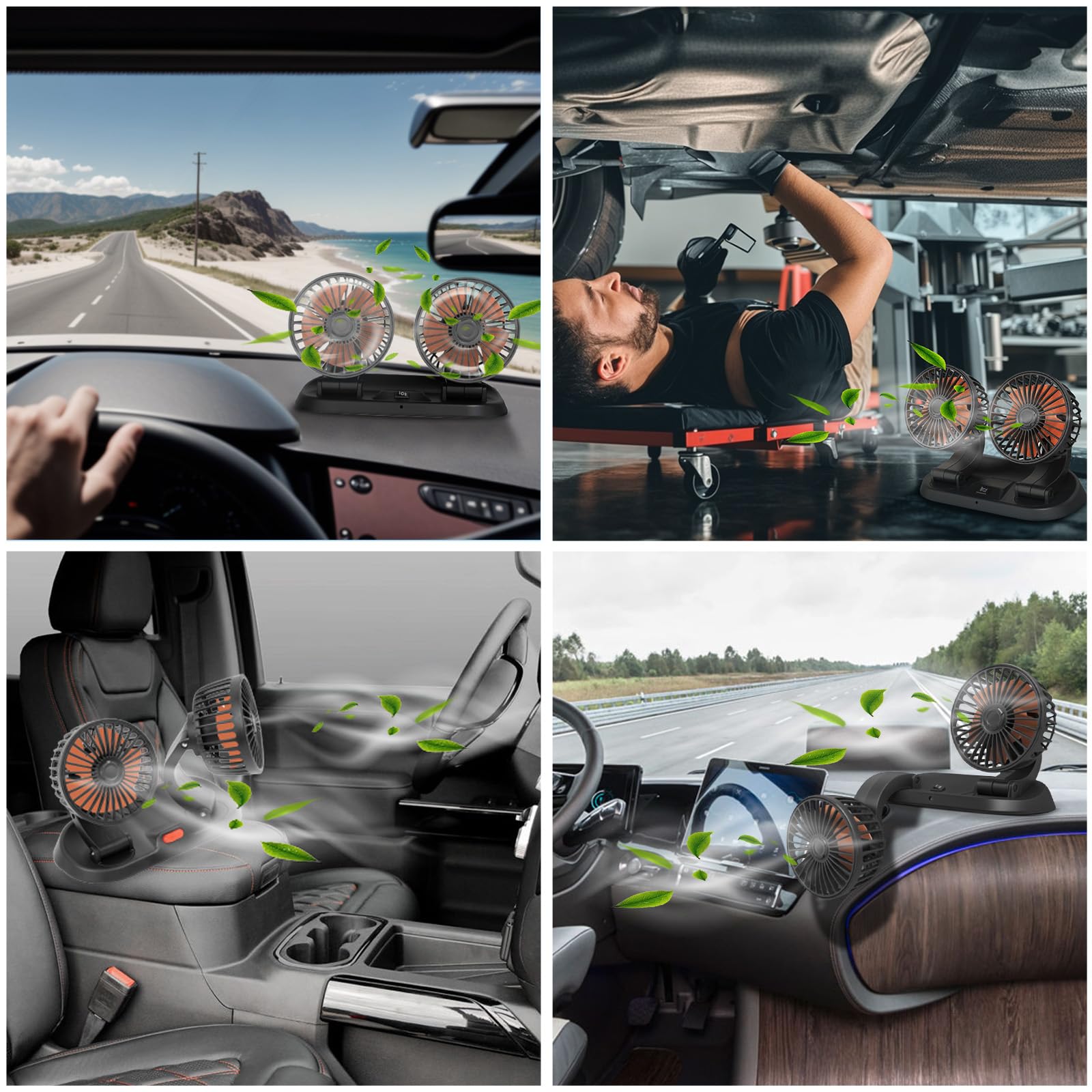 Baceyong Ventilateur de refroidissement de voiture à double tête 24V avec port allume-cigare pour camion, camionnette, SUV, camping-car, bateau, 360° horizontal 180° vertical pivotant réglable