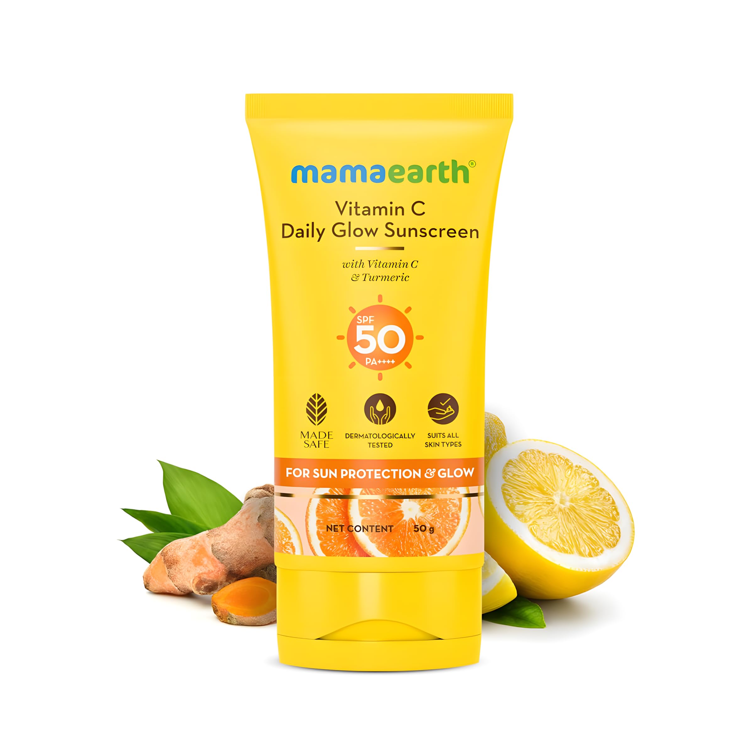 MAMAEARTHVitamin C Daily Glow SPF 50 Sunscreen with PA+++ | Reduces Tanning & Gives Broad Spectrum Sun Protection | Non-Greasy | 1.76 Oz (50g)