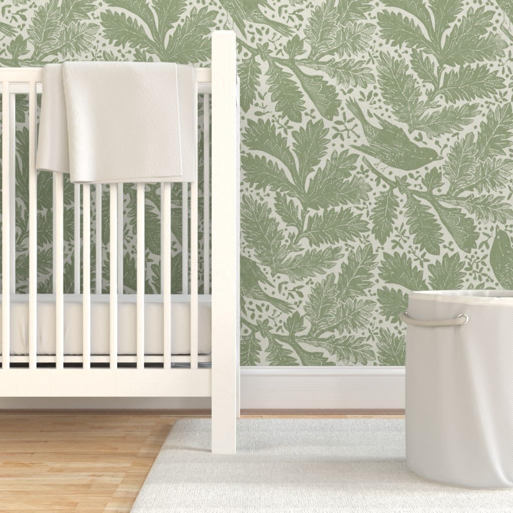 Removable Wallpaper 3ft x 2ft - Sage Floral,Grandmillennial,Songbirds,Arts and Crafts,French Style,English Garden,Statement Floral Custom Pre-Pasted Wallpaper by Spoonflower