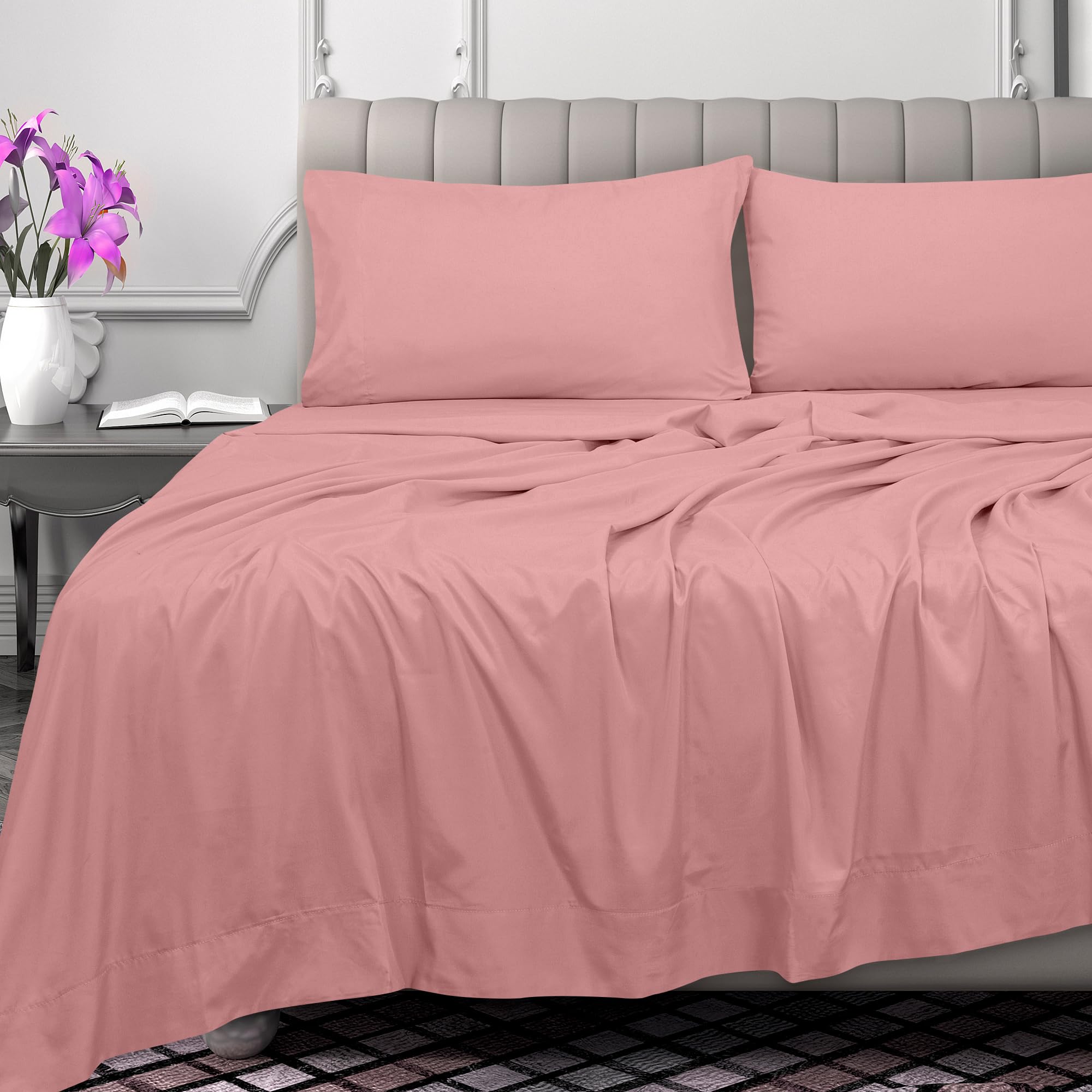 ROYALE LINENS - Sábana encimera de 100 % algodón peinado de fibra larga, 300 hilos, ultrasuave, sábana superior, transpirable, fresca y crujiente, solo sábana encimera de percal (individual, rosa)