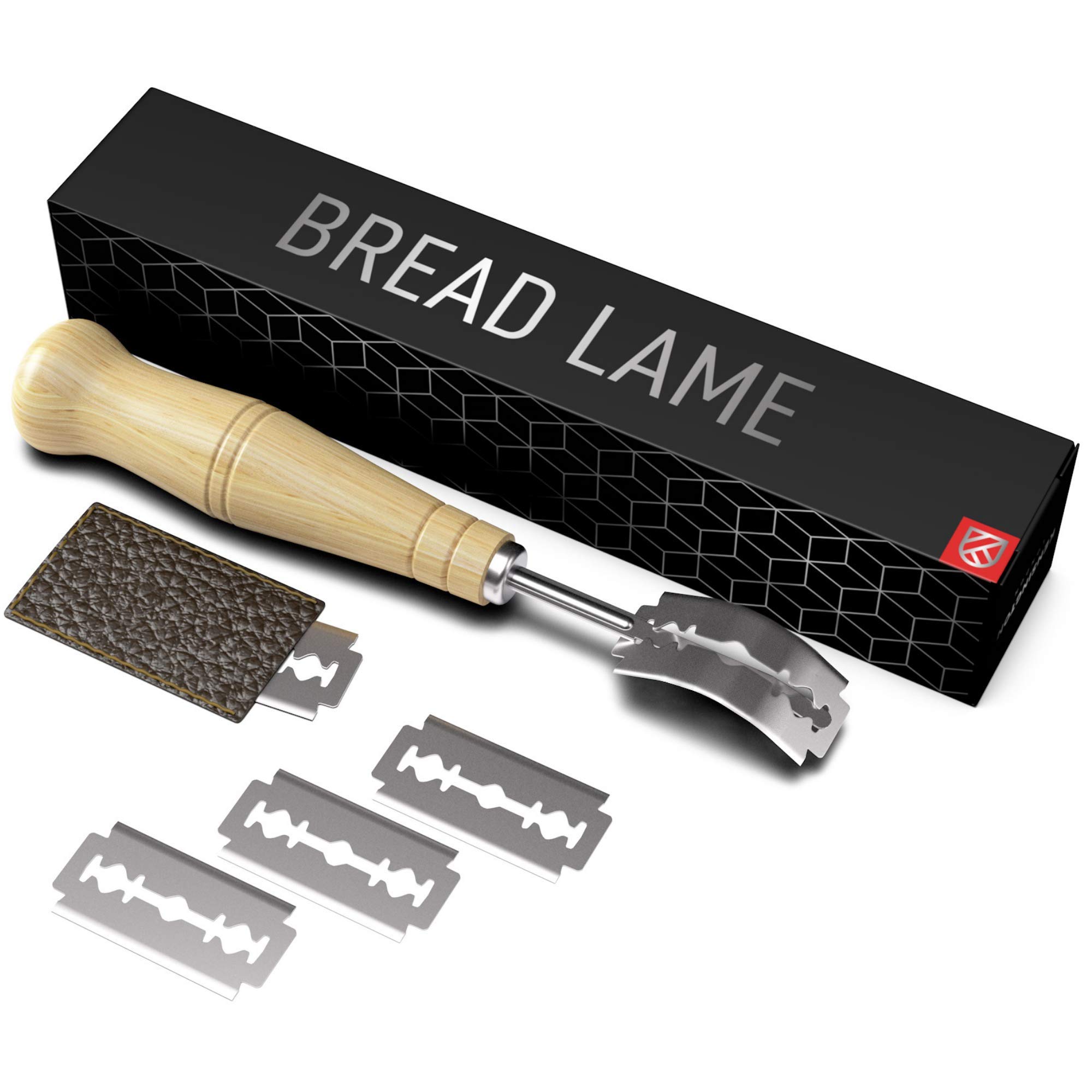 Bread Lame Razor Cutter with Handle - Kensington London Dough Scoring Knife for Professional Baking Results - Beech Wood Handle, Stainless Steel Arm and Leather Pouch for 5 Surgical-Grade Blades
