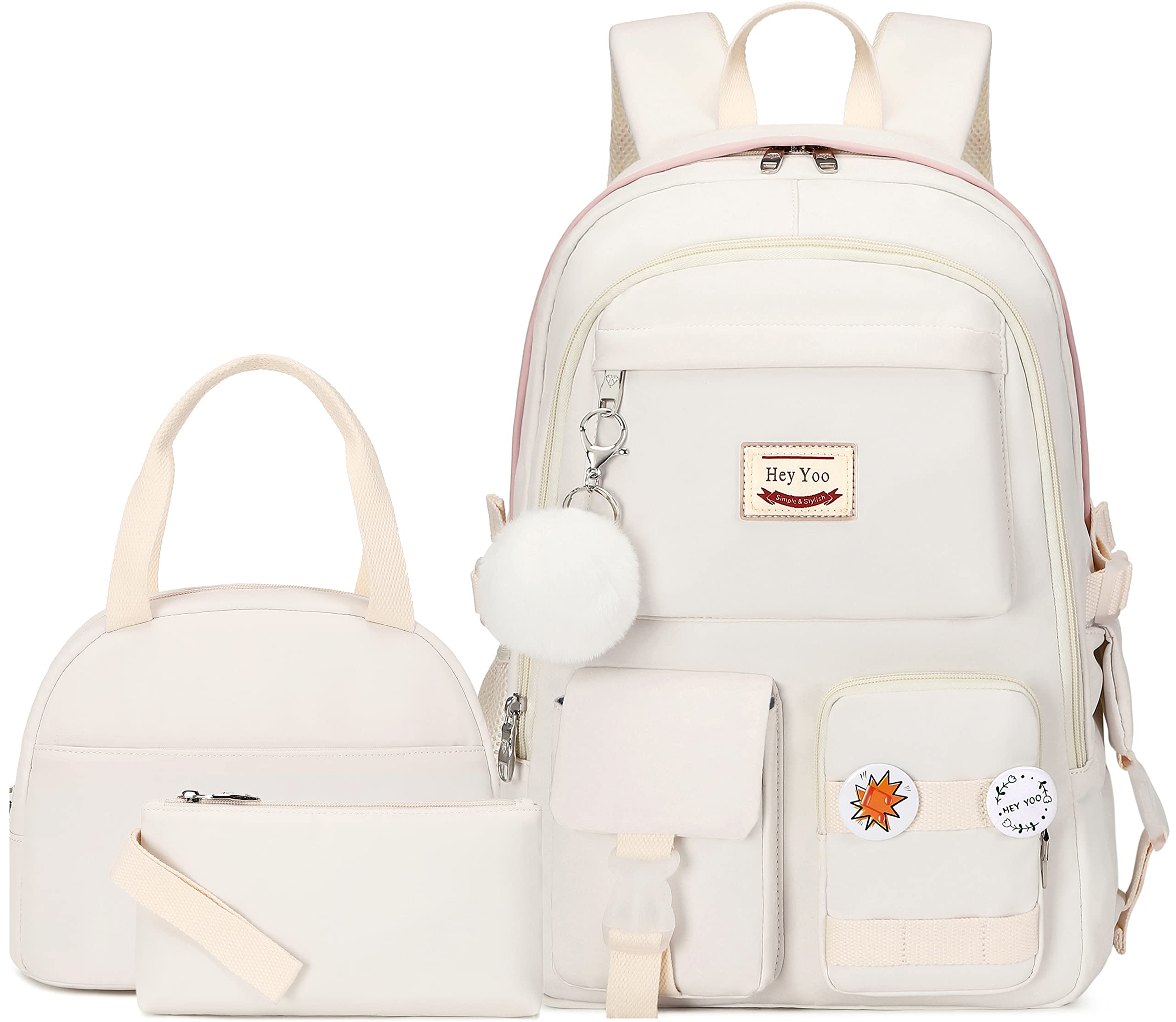 Hey Yoo School Backpack for Girls Backpack with Lunch Box Teen Girl Backpack Set Cute School Bag Bookbag for Teen Girls (White)