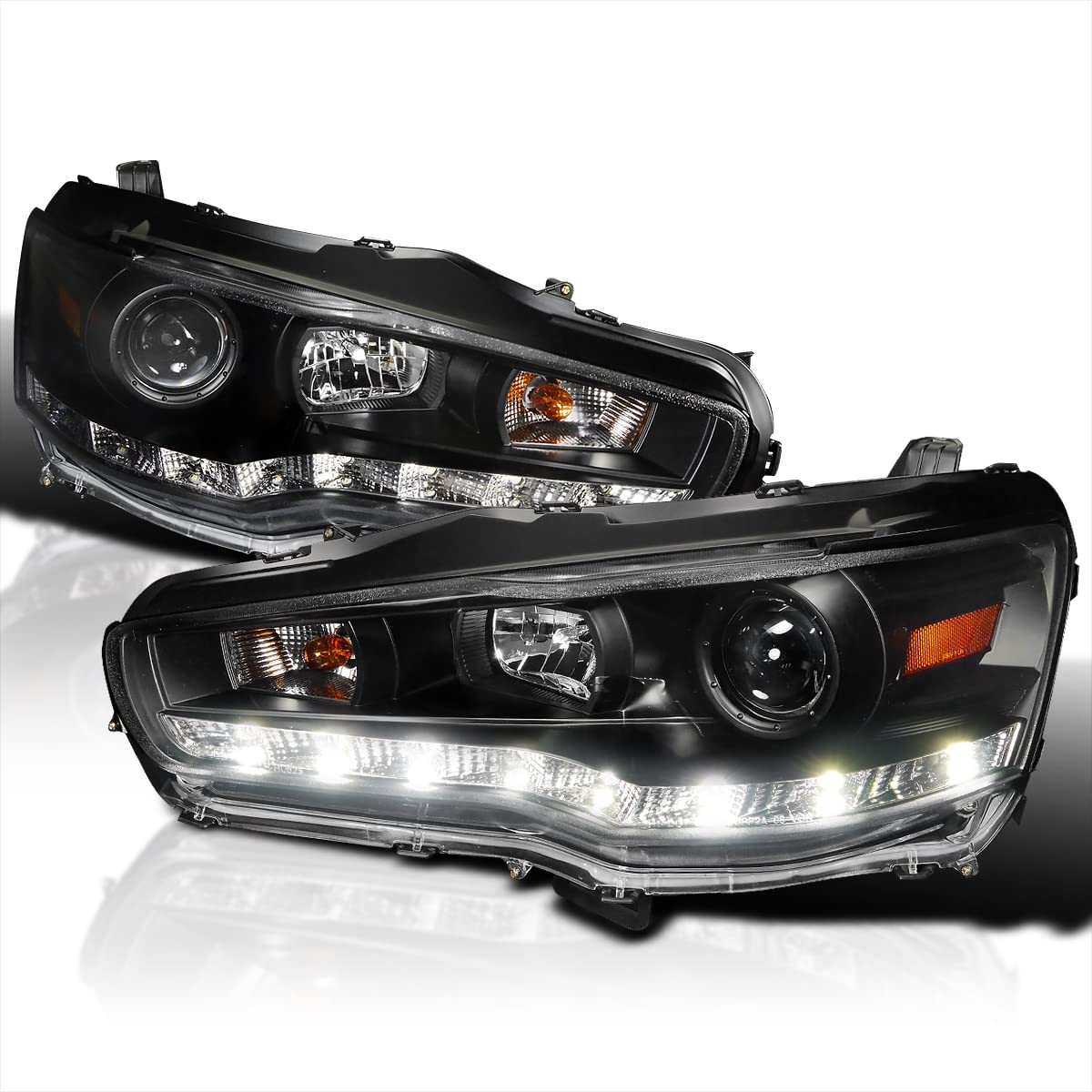 Spec-D Tuning R8 LED Projector Headlights Lamps Black Compatible with 2008-2017 Mitsubishi Lancer, 2008-2015 Mitsubishi Lancer EVO X, Left + Right Pair Headlamps Assembly