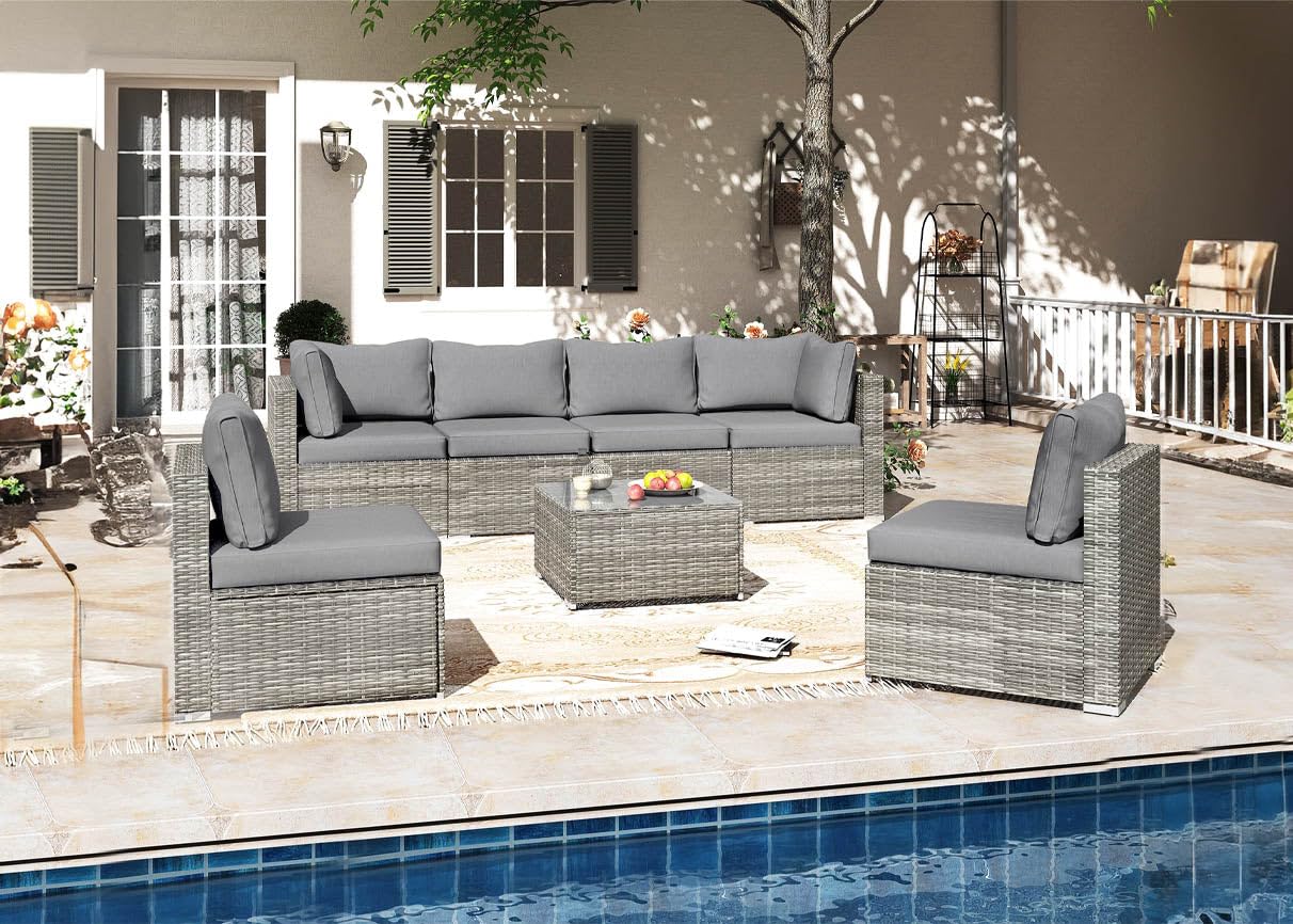 S & S Saldos y Stocks Conjunto de Sofas de Exterior en Ratan PE, 7 Piezas. Muebles de Jardin y Terraza, Gris