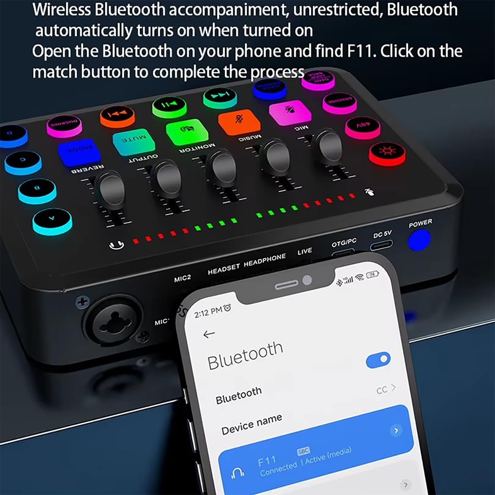 NEWFUN Mixer audio da gioco, streaming, audio mixer,Bluetooth, Include mixer audio e microfono BM800, mixer RGB per PC per lo streaming, controllo del volume per podcasting, registrazione e voce