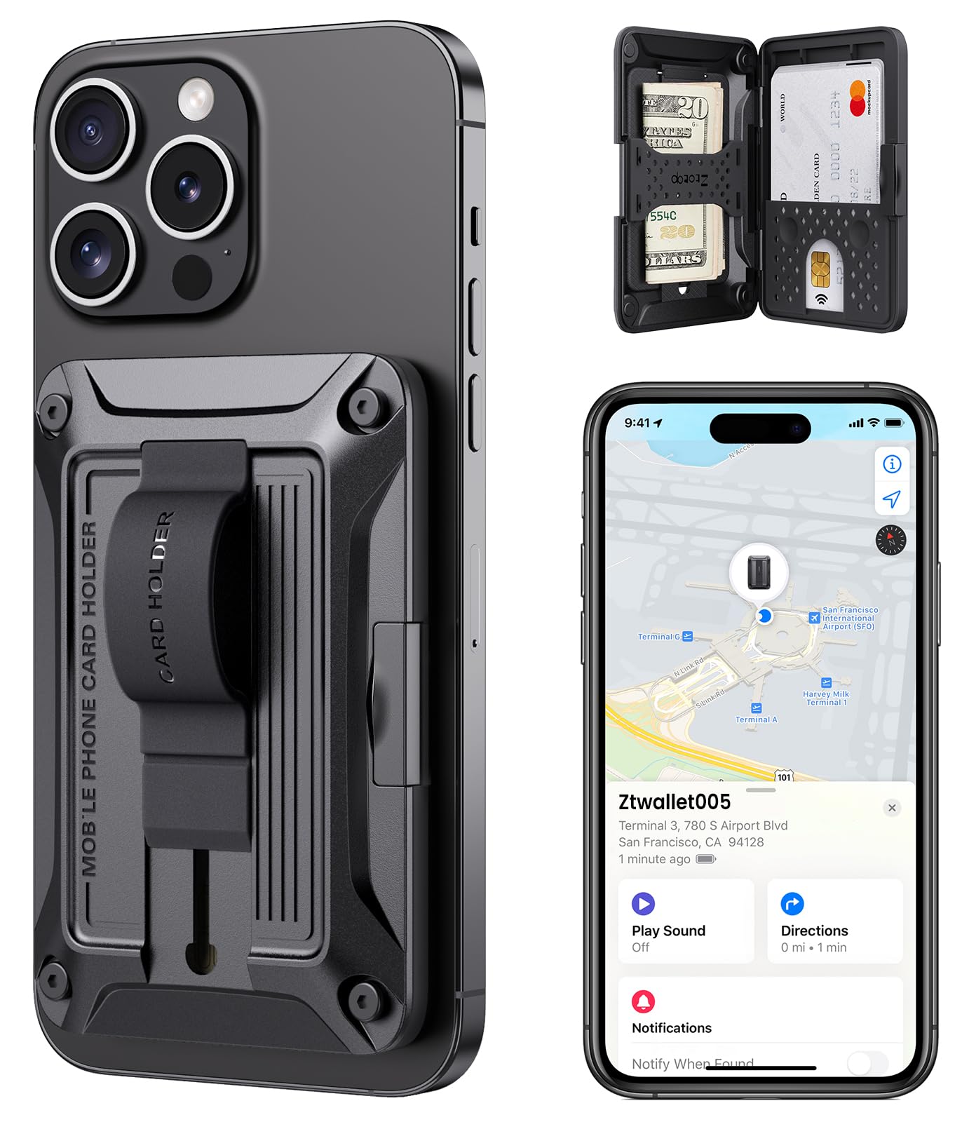 ZtotopCases Soporte para Tarjetas Compatible con MagSafe Wallet, Compatible con Find My, Billetera Magnética para iPhone 16/15/14/13/12 Serie, para 3 Tarjetas, Negro