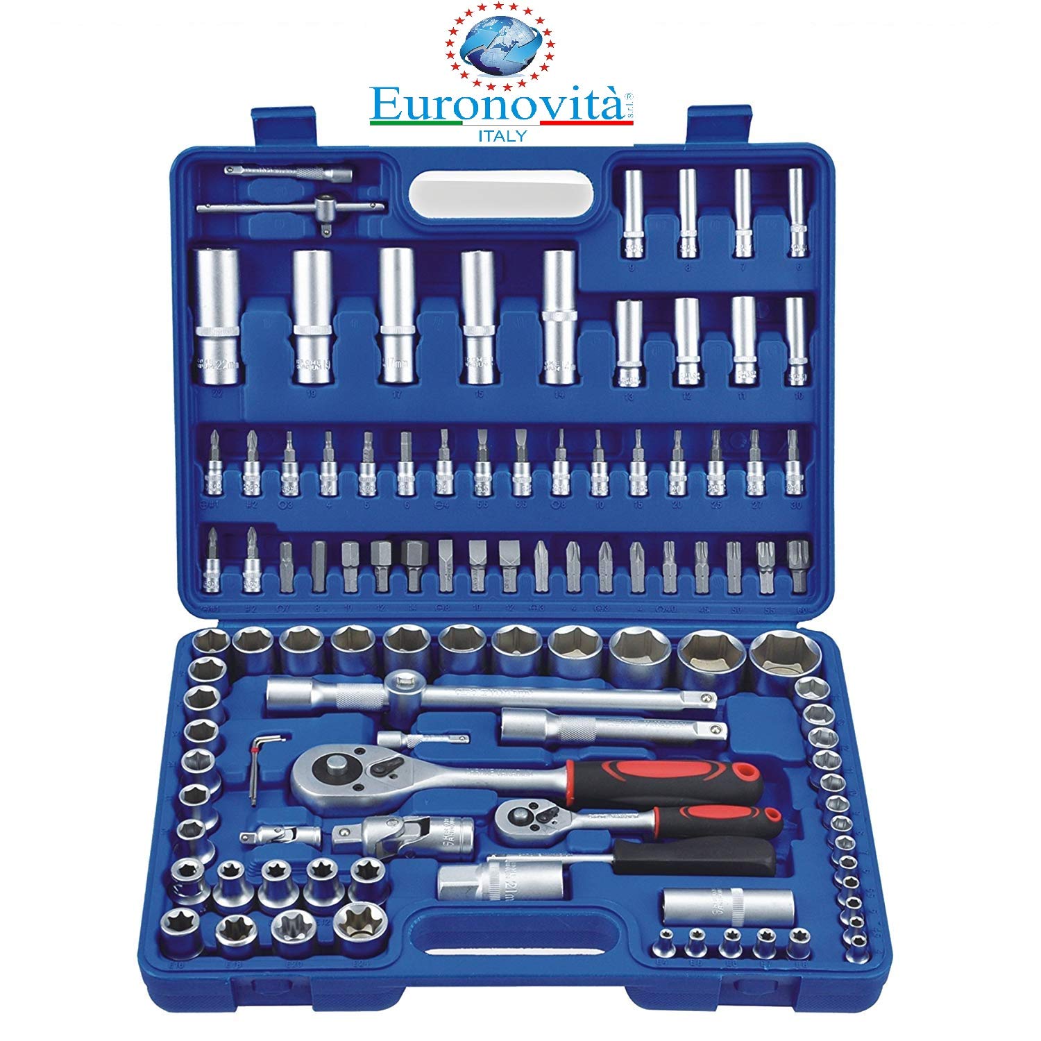 SET 108 PEZZI 1/4" - 1/2" CACCIAVITE CACCIAVITI CHIAVI A CRICCHETTO/A BUSSOLA - MAGNETICO CON PUNTE, BIT E PRESE REALIZZATE IN CROMO VANADIUM CONTENUTO IN UNA PRATICA E RESISTENTE VALIGETTA