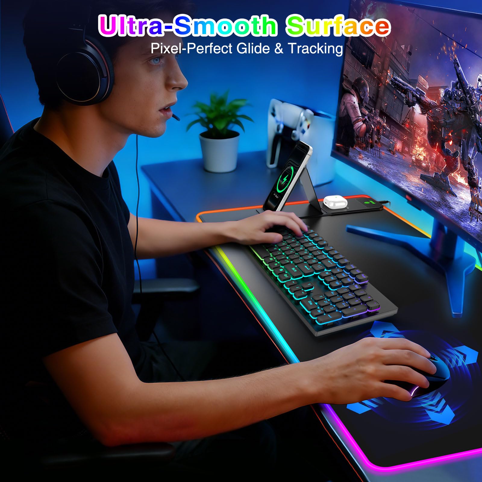 Tappetino per mouse da gioco XXL RGB LED con caricabatterie wireless magnetico e supporto pieghevole per telefono, 80 x 40 cm, tappetino da scrivania ultra liscio, 25 effetti di luce, base antiscivolo
