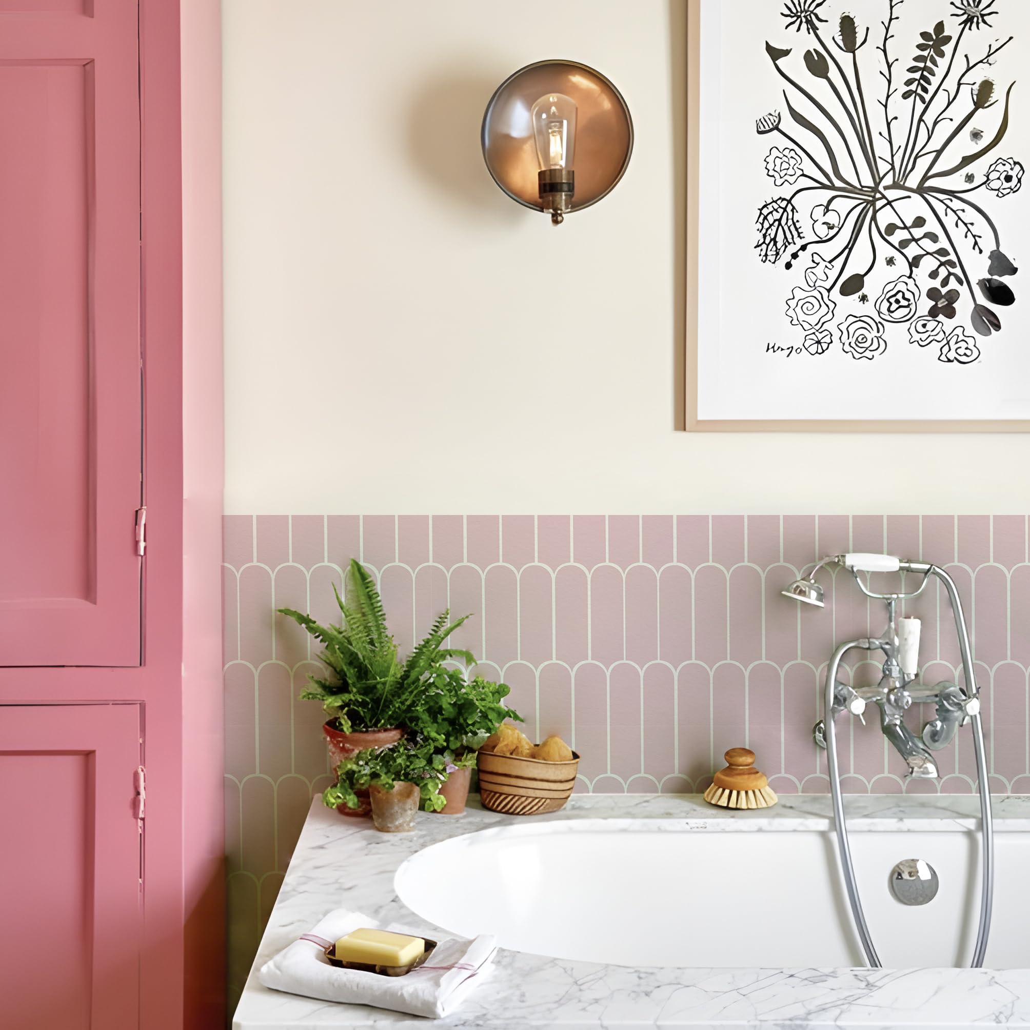 Alwayspon Pink Self-Adhesive Vinyl Floor Wall Tile Stickers, 10Pcs 20cm/8inch Peel and Stick on Tiles Transfer Vinyl Flooring Waterproof Splashback for Kitchen Bathroom
