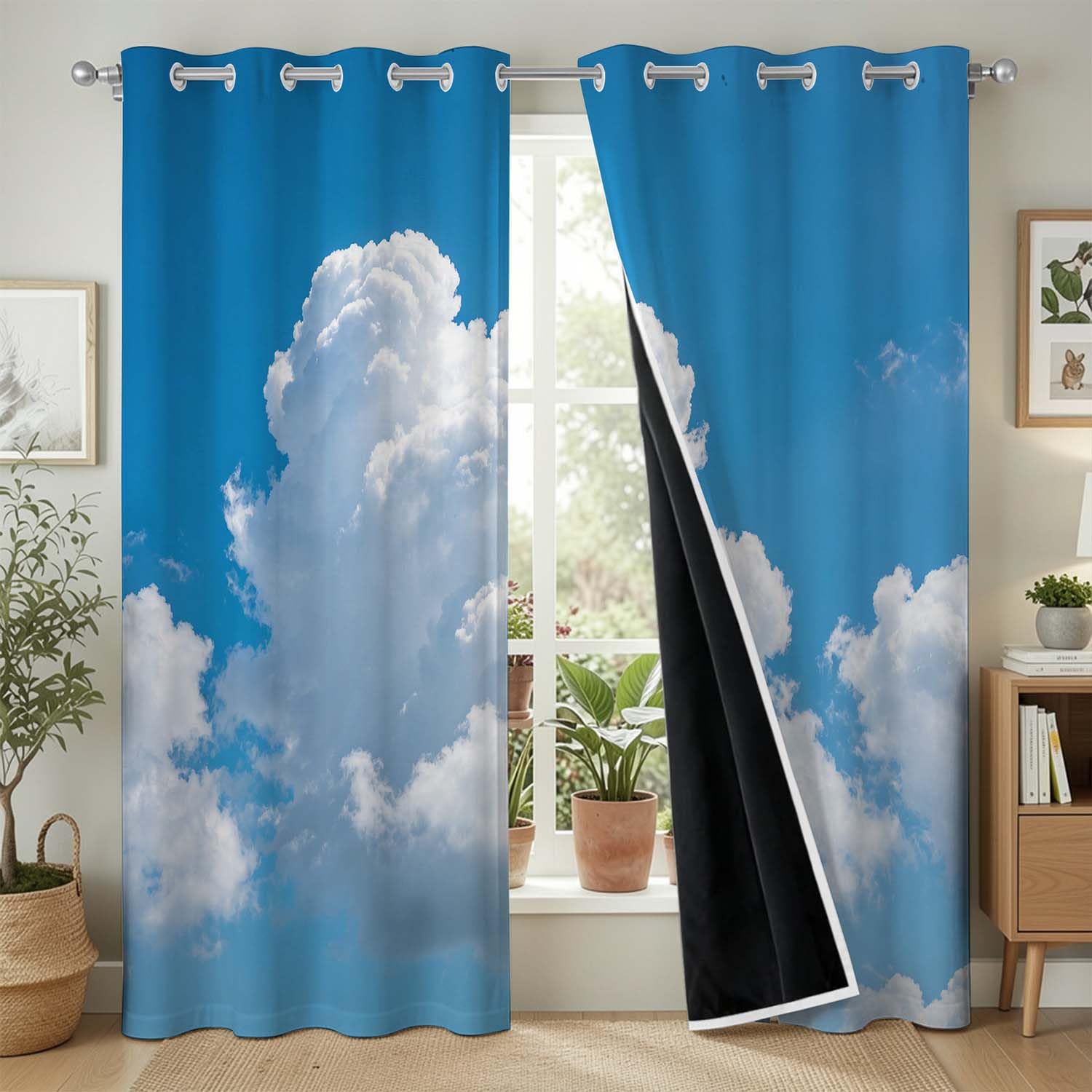 Rideaux Occultants 140x240 cm Lot de 2 à Œillets Ciel Bleu et Nuages