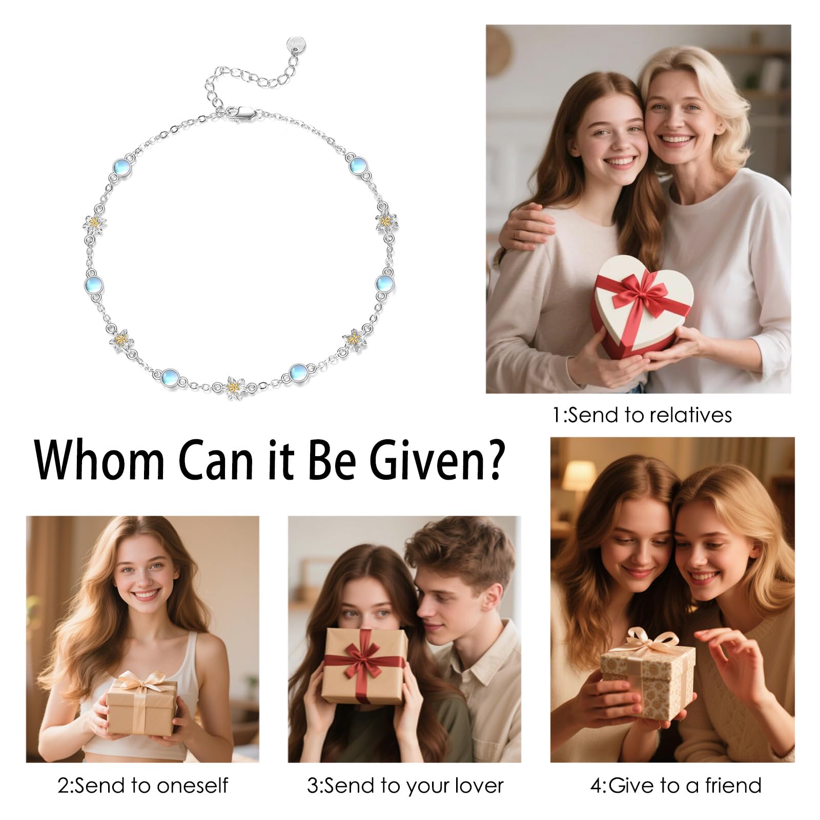 YFN 925 Sterling Silber Armband mit Gänseblümchen Blüten und Mondstein Zierliches Naturstein Schmuck Armband für Frauen Mädchen