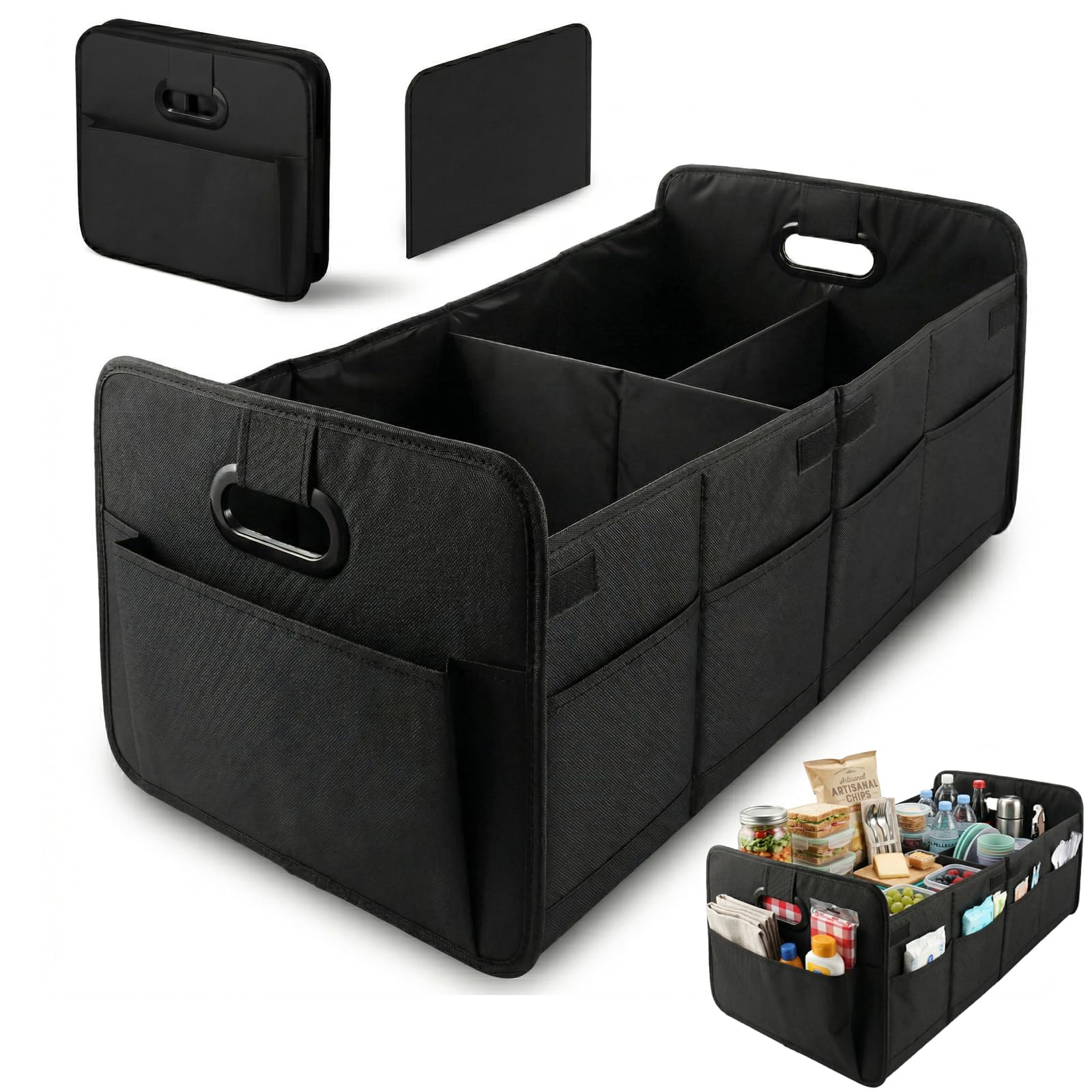 AKOLAFE 2 Stück XL Auto Kofferraum Organizer Faltbar Kofferraumtasche Auto Faltbox 75L Auto Kofferraum Aufbewahrung Oxford Stoff 3 Flexible Fächer mit 9 Taschen für Einkauf Camping Reise Ausflug