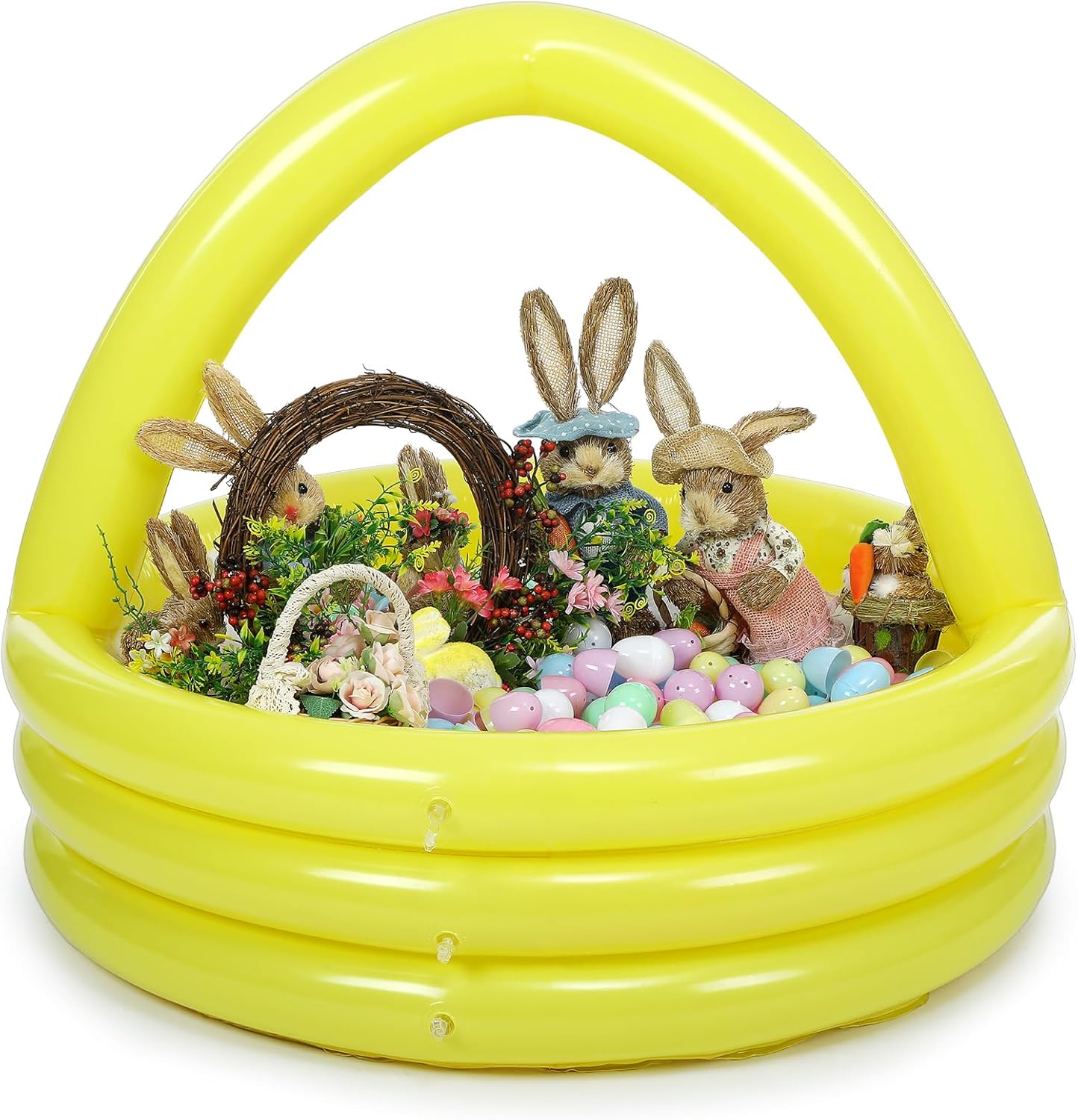 Easter Inflatable Gift Basket DIY Blow up Pool Easter Basket Giant 35.43 x 31.5 Inches Yellow Round Inflatable Pool Portable for Game Play Garden Indoor Outdoor Decoration, Not Include Gift