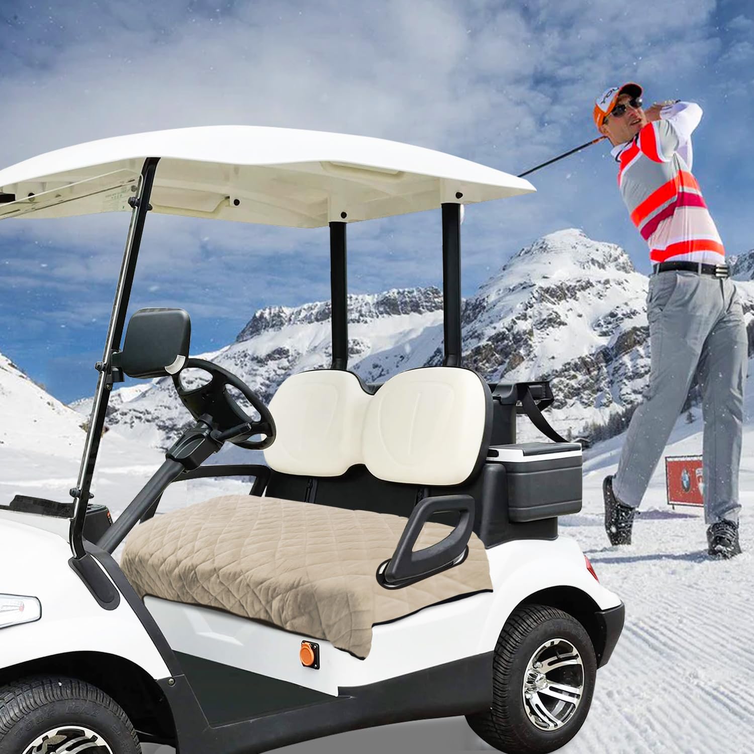 YOKYHOM Golfwagen-Sitzbezüge für 2 & 4 Personen-Carts, Dicker kurzer Plüsch mit Rutschfester Rückseite, ultraweiche Sitzhandtuch-Decke, passend für EZGO, Club Car, Yamaha, 129,5 x 77,5 cm, Khaki