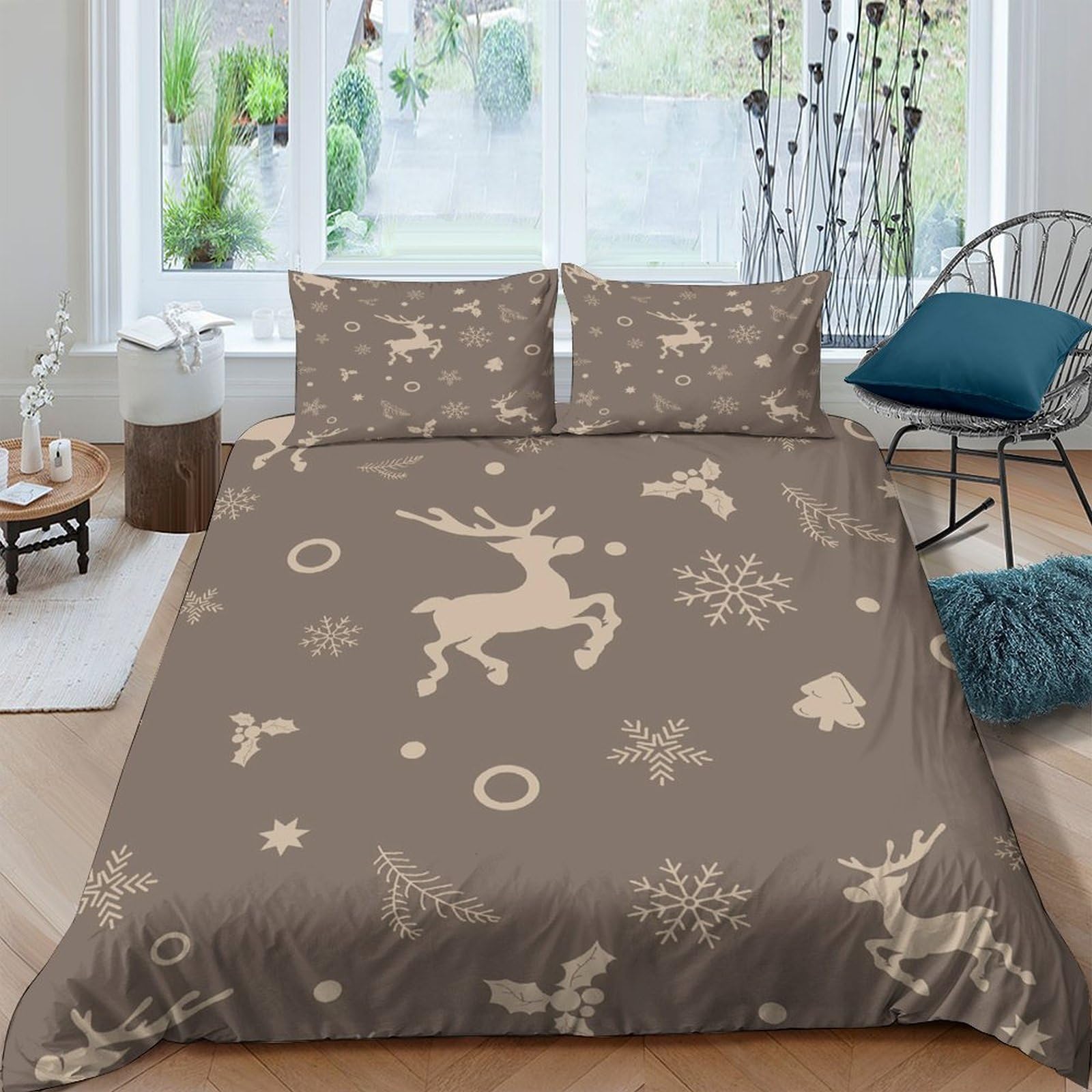 Ctjqhvkz Style-5 3D Printed Reindeer Snowflake Fitted Sheet Microfiber Brown Christmas Bed Cover For Bedroom Decor Protection Single（135X200cm）
