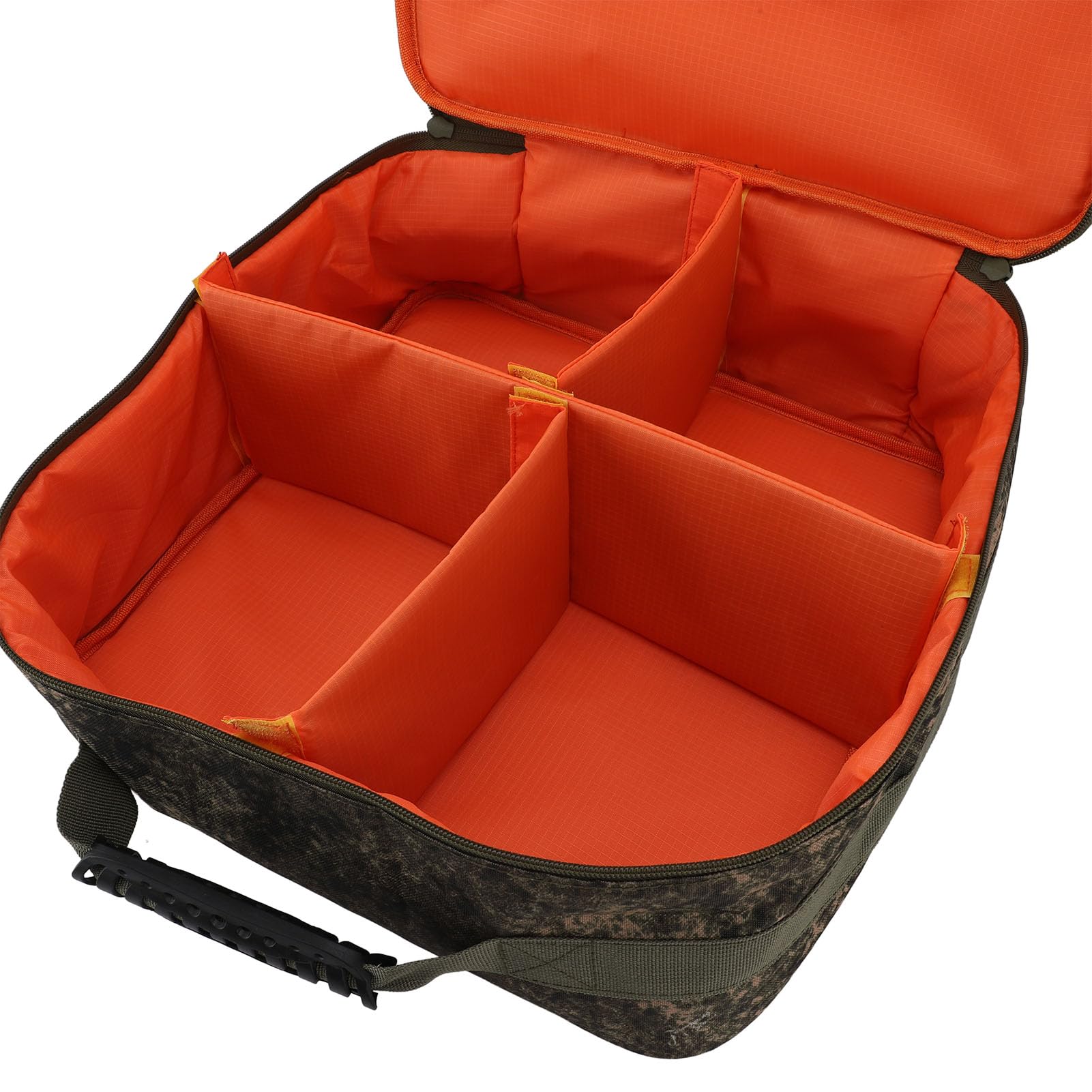 Custodia per Mulinello da Pesca, Borsa per Attrezzatura di Grande capacità, Contenitore Imbottito per Attrezzi con 4 Scomparti Regolabili e Tasca Foderata in Rete, Ideale per Mulinelli da