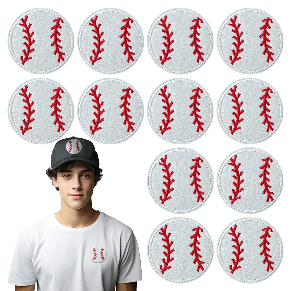 IANZE 12PCS White Baseball Iron on Patches, Sew on Embroidered Applique Baseball Patches for Clothes, Jeans, Hats, T-Shirts, Backpacks, Etc