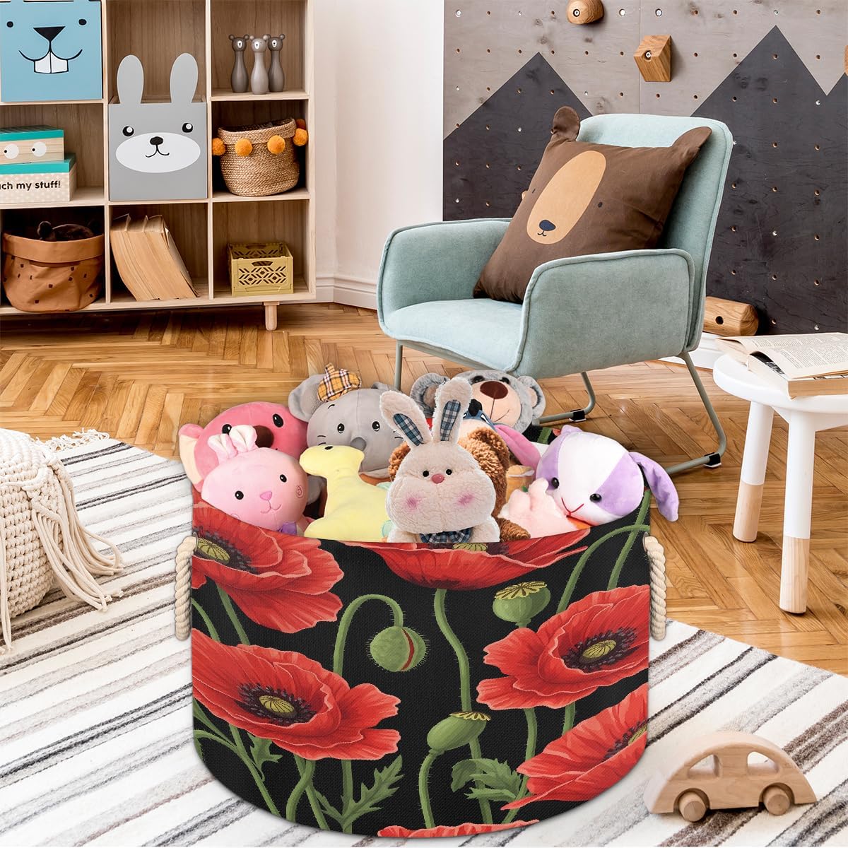 Large Storage Baskets - Poppy Floral Nursery Round Collapsible Organizer Bin Box, Laundry Hamper for Kids Toys, Blanket, Bedroom Living Room Home Decor, Gift Basket, 19.4"x13.3"