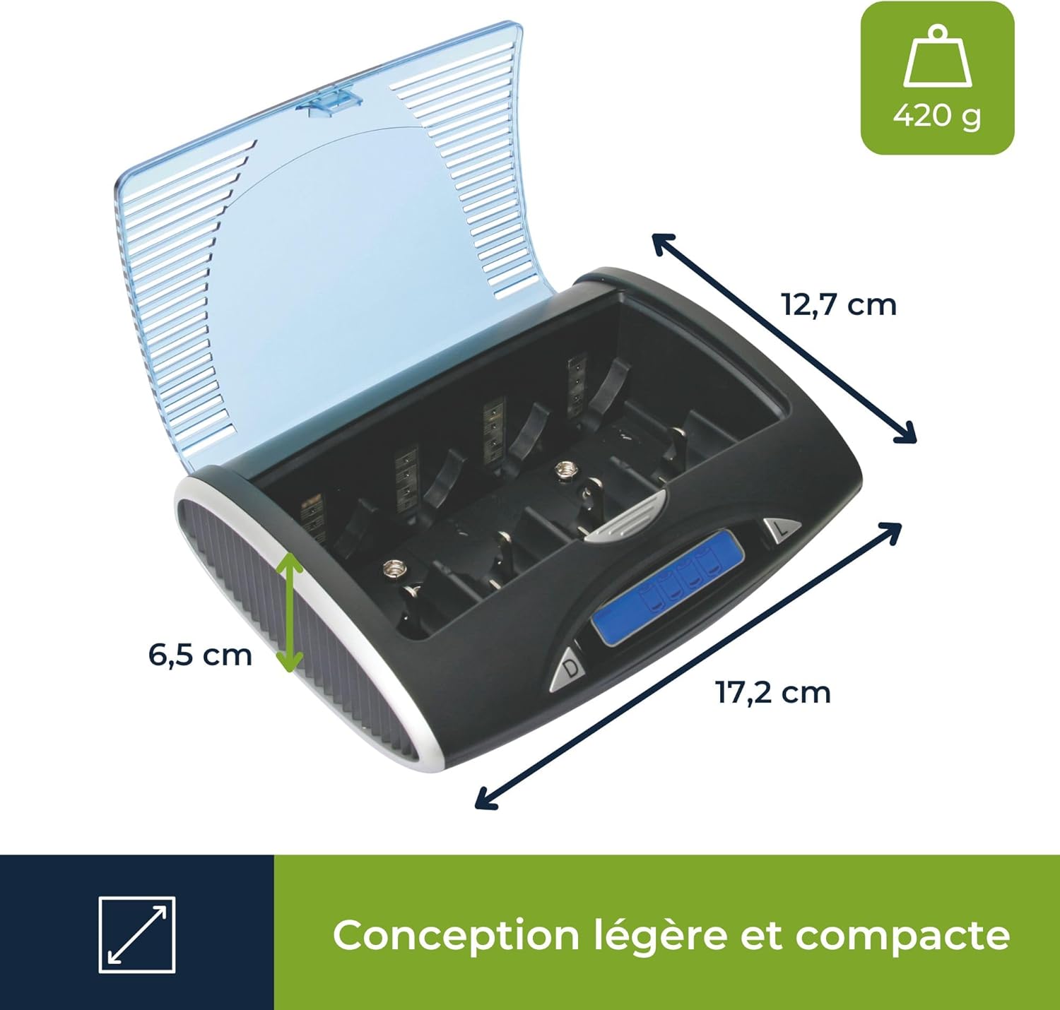 Dimensions of Velleman VLE4 charger: 17.2 cm length, 12.7 cm width, 6.5 cm height, 420g weight.