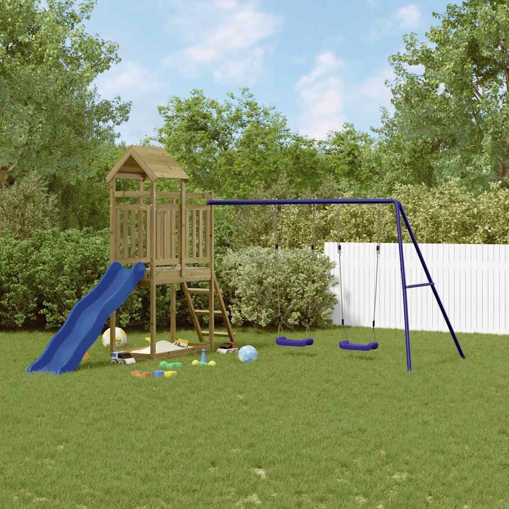 Torre da gioco in legno di pino impregnato in autoclave, con scivolo ondulato, piedistallo da 90 cm, scala, 2 altalene e sabbiera per giardino, parco giochi