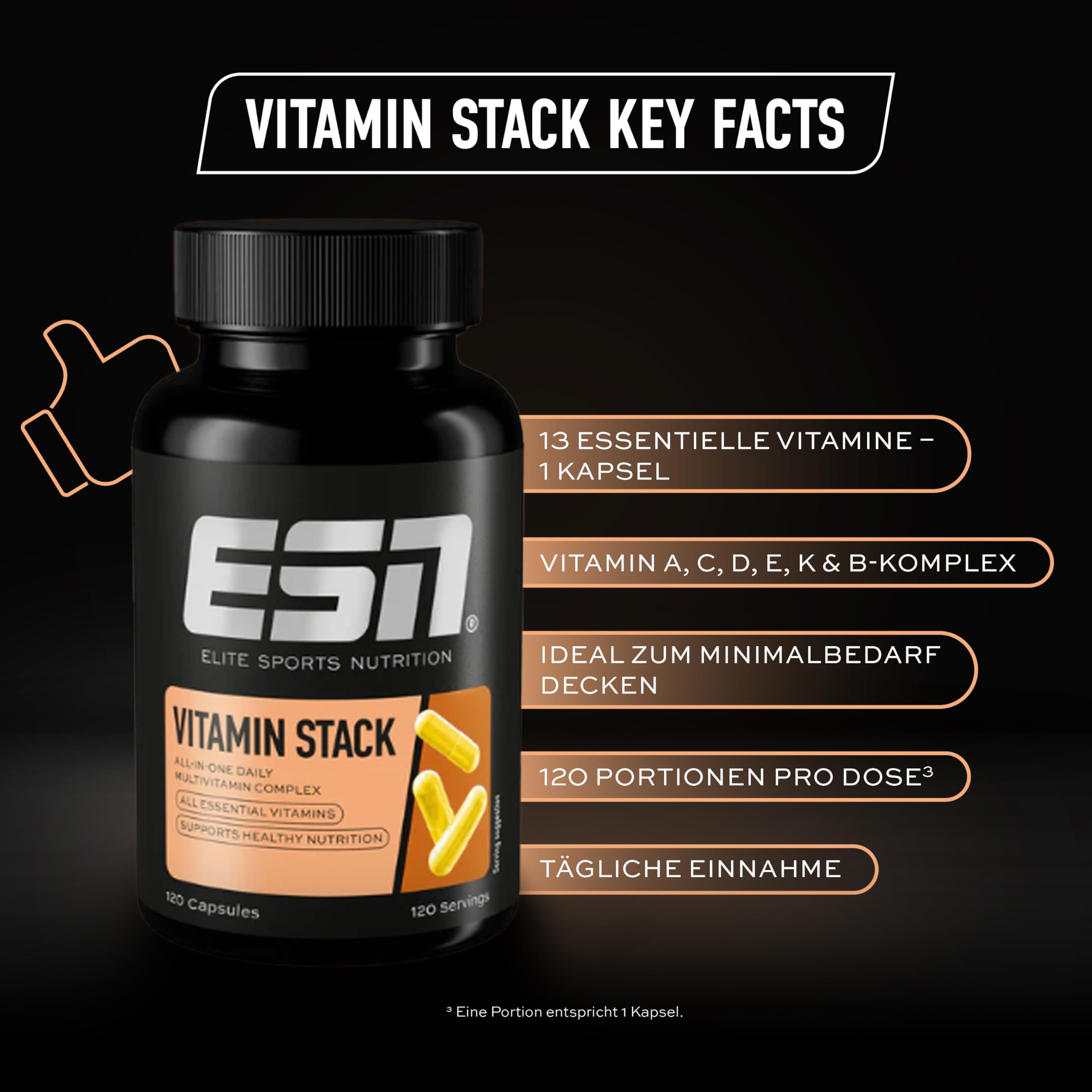 ESN Vitamin Stack, Multivitamin Kapseln, 2 x 120 Stück, Hochdosiert, 13 Wertvolle Vitamine in einer Kapsel, nur 1 Kapsel täglich, Made in Germany