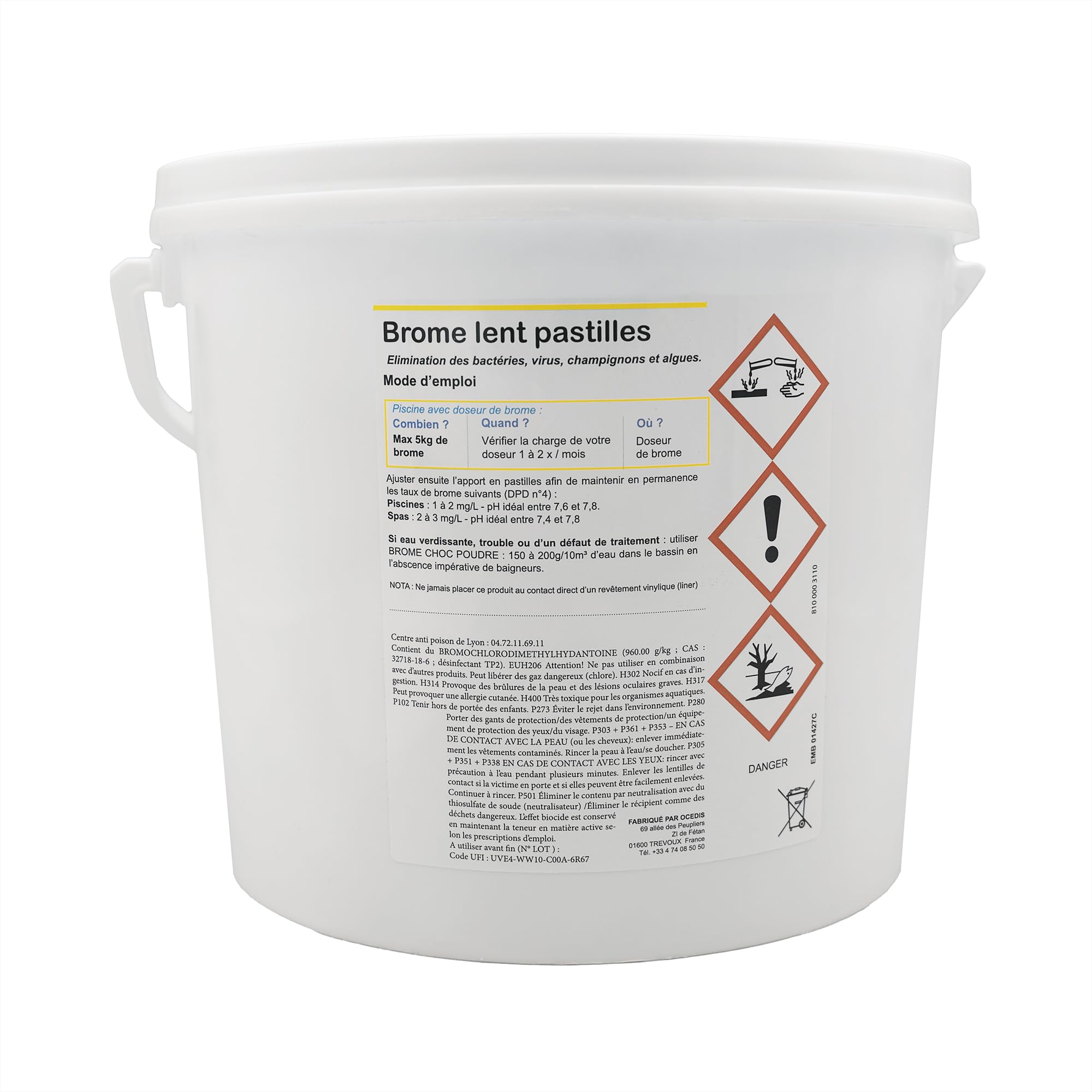 OCEDIS Brome Lent Pastilles 20g - 5kg | Désinfection Régulière - Dissolution Lente + 10 Tests HPS OFFERTS 6 en 1