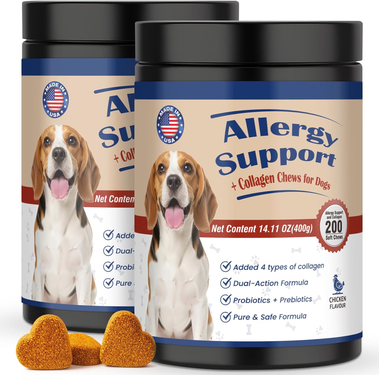 Pet Allergy Relief Chews 400PCs with Natural Collagen Drops Dual Formula for Itch Relief Skin Joint Health Coat Care Infused with Colostrum Probiotics Tasty Bites for All Dogs Cats Daily Consumption