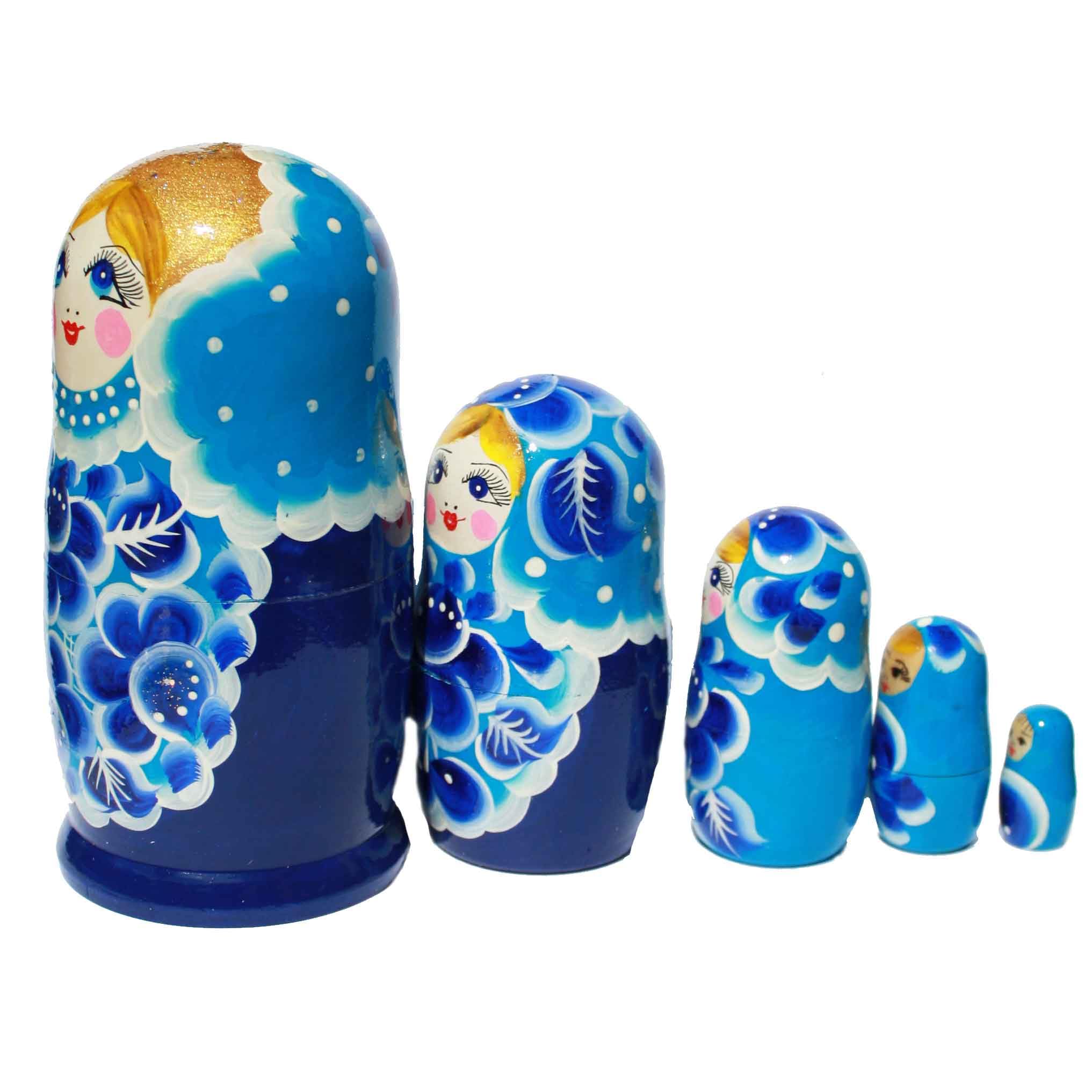 Matroschka Babuschka Matrjoschka russische Holzpuppen handbemalt Set 5 Puppen Blume (blau)