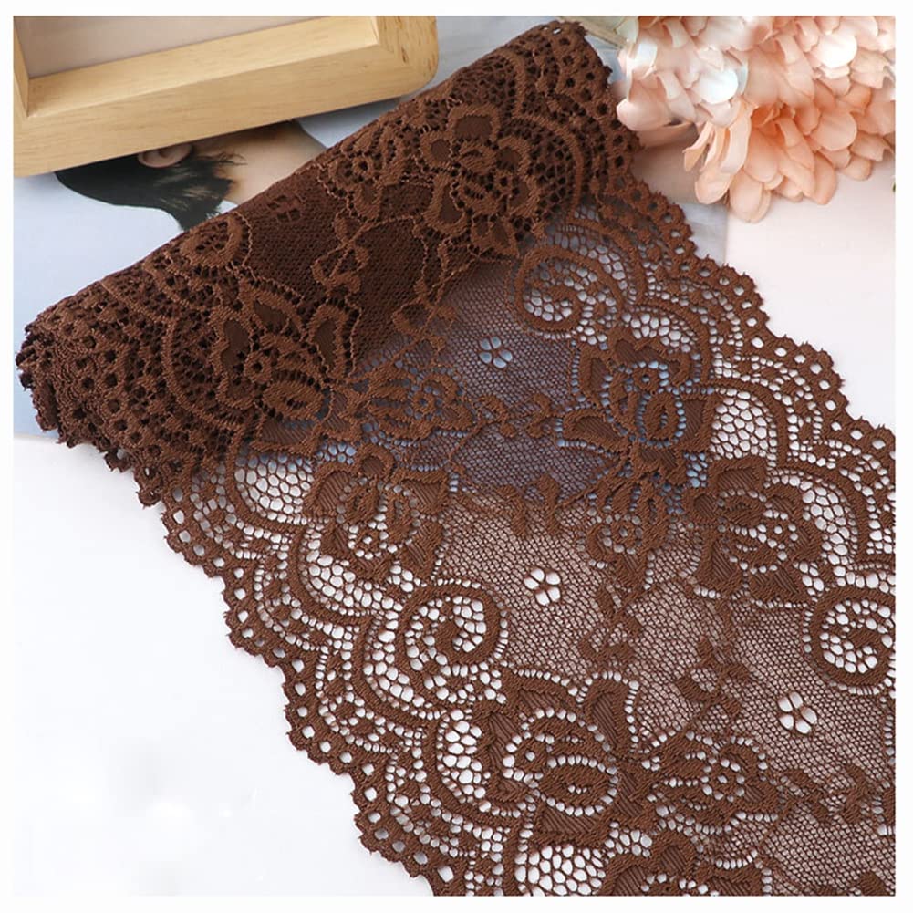 Egurs 15cm x 10m Stretch Lace Ribbon Floral Lace Trim Embroidery Flower Lace Fabric Vintage Stretchy Lace Border Trim Decorative Ribbon for DIY Sewing Crafts Wedding Decoration Dressmaking Brown