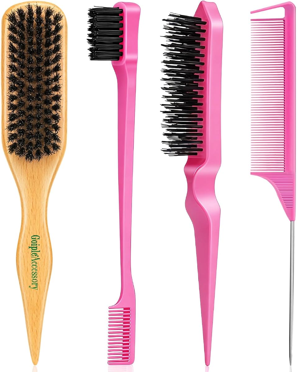 Cepillo de pelo con cerdas de jabalí para cabello suelto, encrespamiento, cola de caballo elegante, moños y cabello de bebé con bordes, burlas | Peine para el cabello, cepillo para bordes, cepillo para burlas, peine de cola de rata para niñas, niños, mujeres y hombres