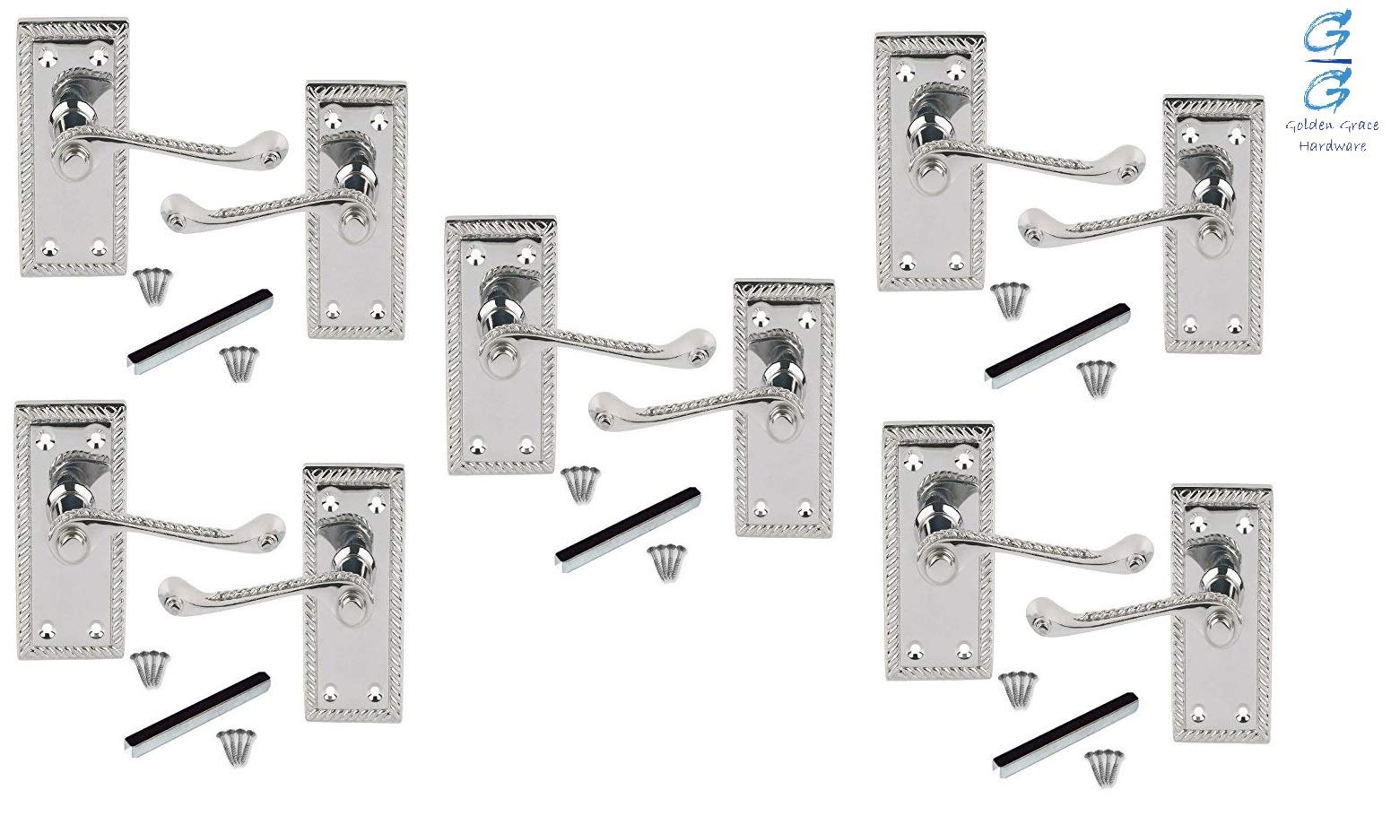 Golden Grace Georgian Roped Edge Door Handle Lever Latch in Polished Chrome Finish, 5 Sets - 107mm x 48mm