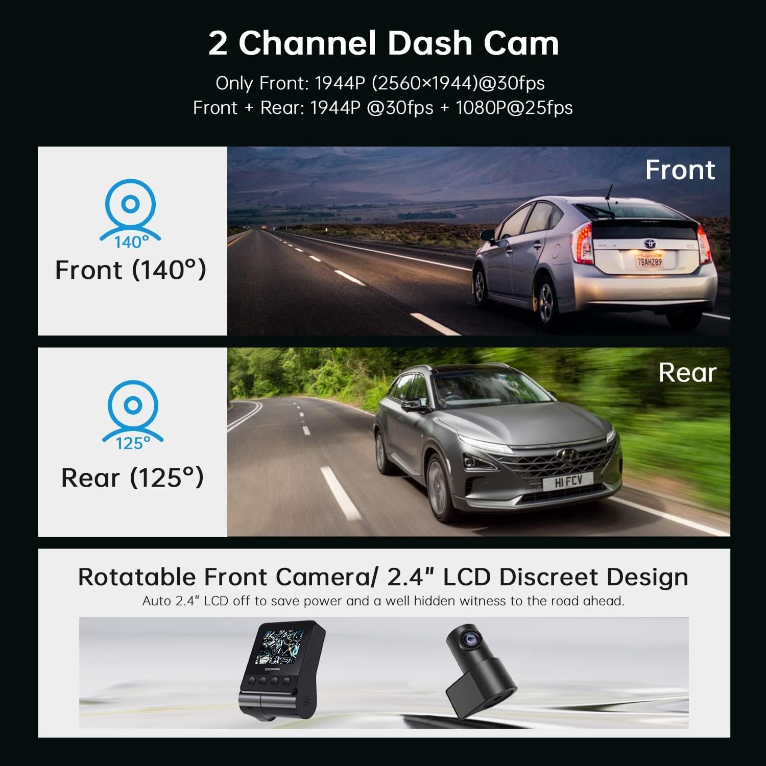 Diagram showing front and rear dash cam views and angles