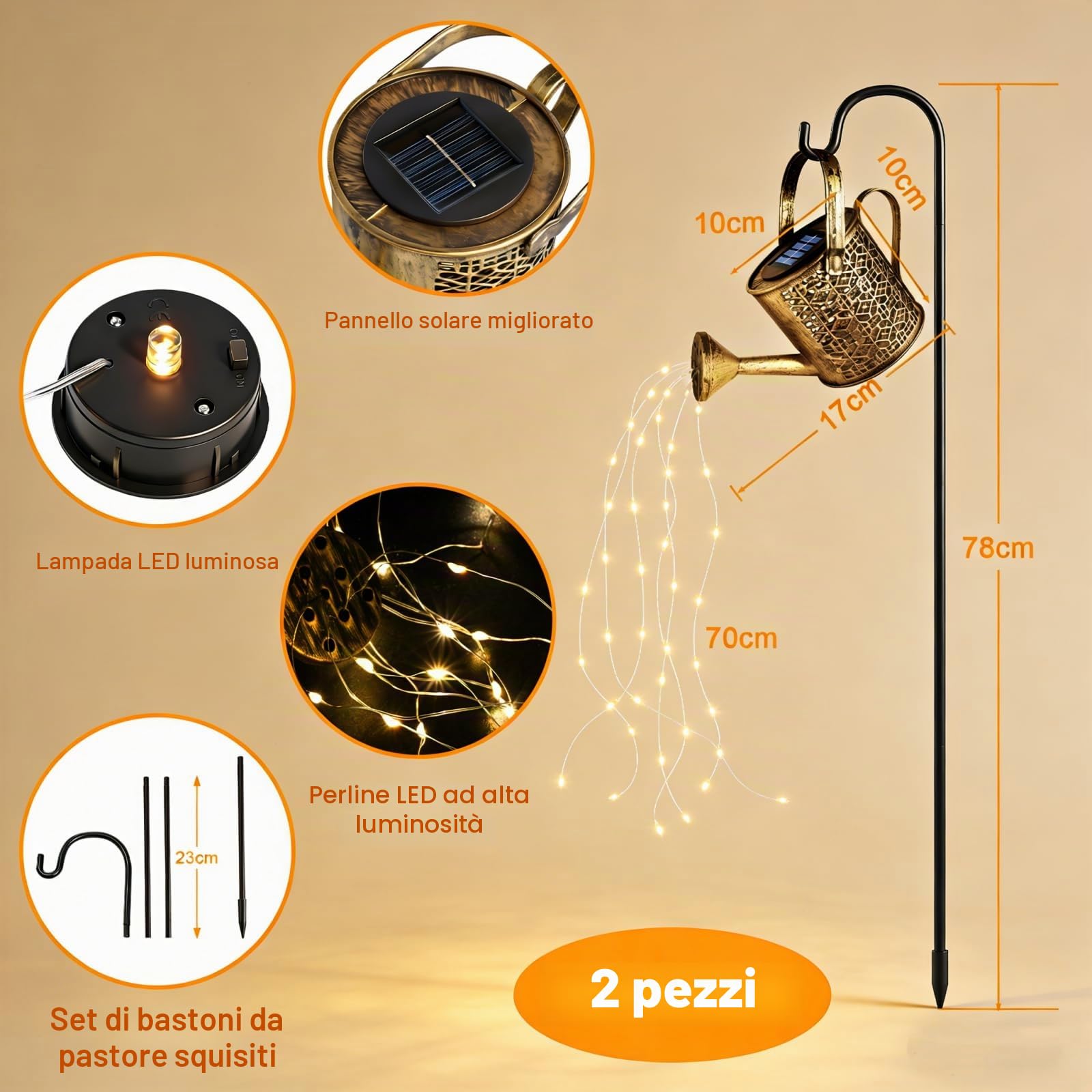 2 Pezzi Lampade Solari Giardino, Catena Luminosa Annaffiatoio (2 Supporti) | Impermeabile Luci da Esterno Giardino Solari, Automatici Illuminazione Luci Solare Esterno per patio, vaso di fiori e prati