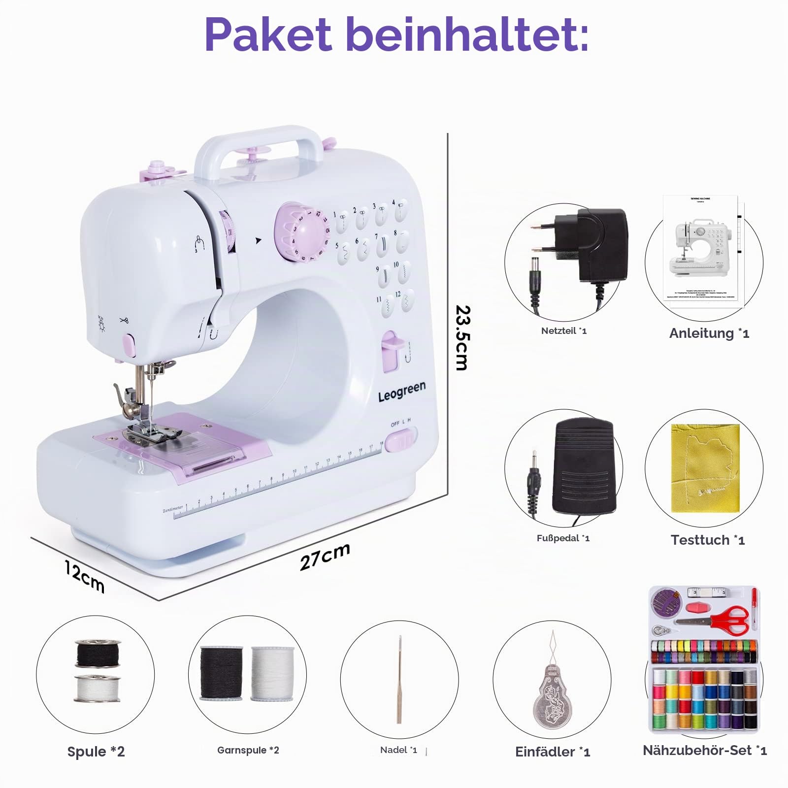 Nähmaschine für Anfänger und Kinder, 12 Stichmuster, Nähmaschine Klein mit Fußpedal Nählicht Elekt, mit Nähset (Lila)
