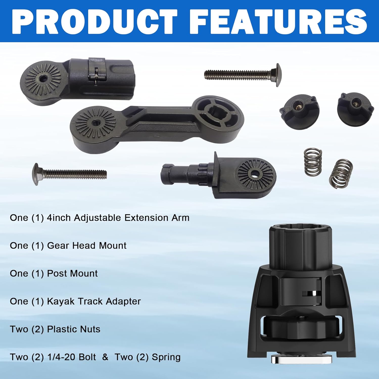 Kayak Extended Adapter, Adjustable Gear Head Adapter Kit with Anti-Rotation Locking Track Base for Rod Holders & Accessories