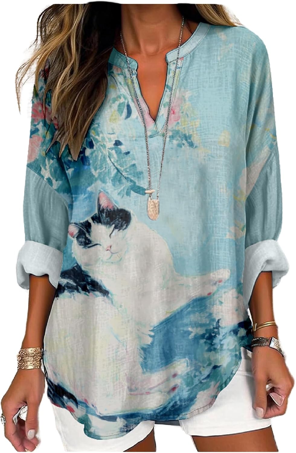 MARSVOVO Cat Shirts for Women Long Sleeve Cute Cat Pullover Graphic Novelty V Neck Blouse Oversized Funny Tunic Tops