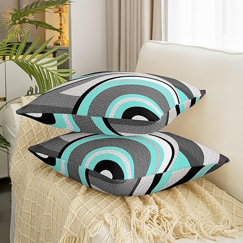 Miniatura 3 de Juego de 4 fundas de almohada geométricas reversibles de 18 x 18 pulgadas con diseño geométrico de rayas negras y verde azulado, juego de 4 fundas