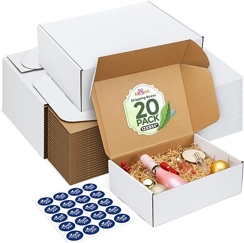 MESHA Cajas de envío de 12 x 9 x 4 pulgadas, paquete de 20 cajas de cartón corrugado blancas para cajas de regalo del día del padre, correo de