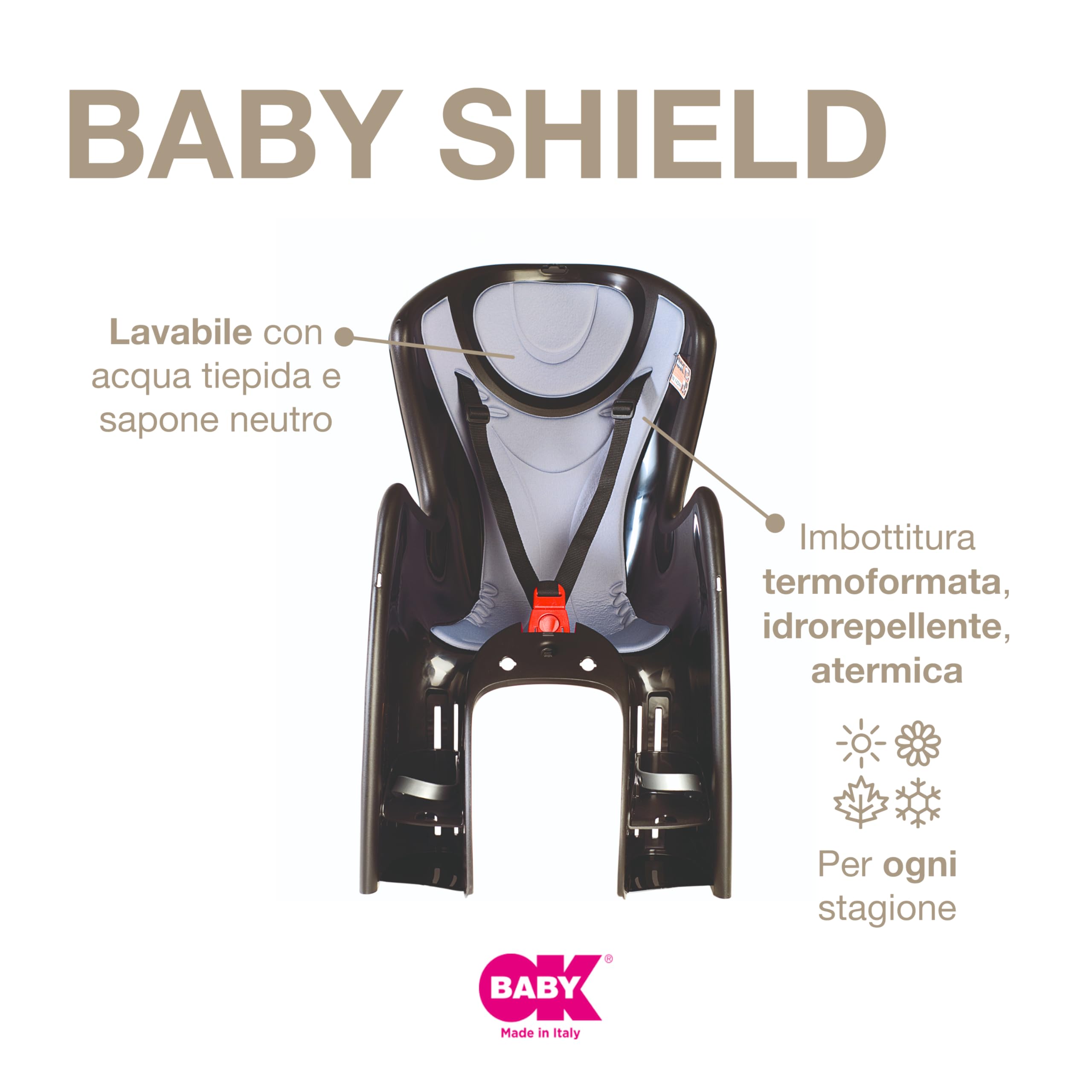 OKBABY Baby Shield - Seggiolino Da Bicicletta Posteriore Per Bambini Fino A 22 Kg - Aggancio Al Portapacchi - Nero E Argento