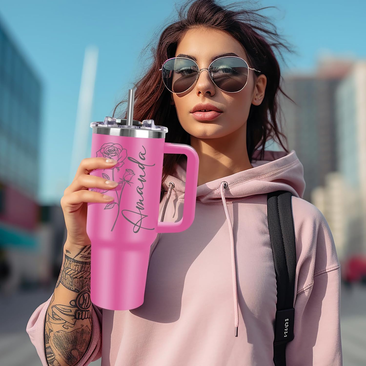 Personalized 40 oz Tumbler with Handle, Birthday Gifts for Women, Personalized Stainless Steel Insulated Coffee Tumbler Cup Travel Mug Water Bottle with Name and Birth Flower, Custom Tumbler for Women