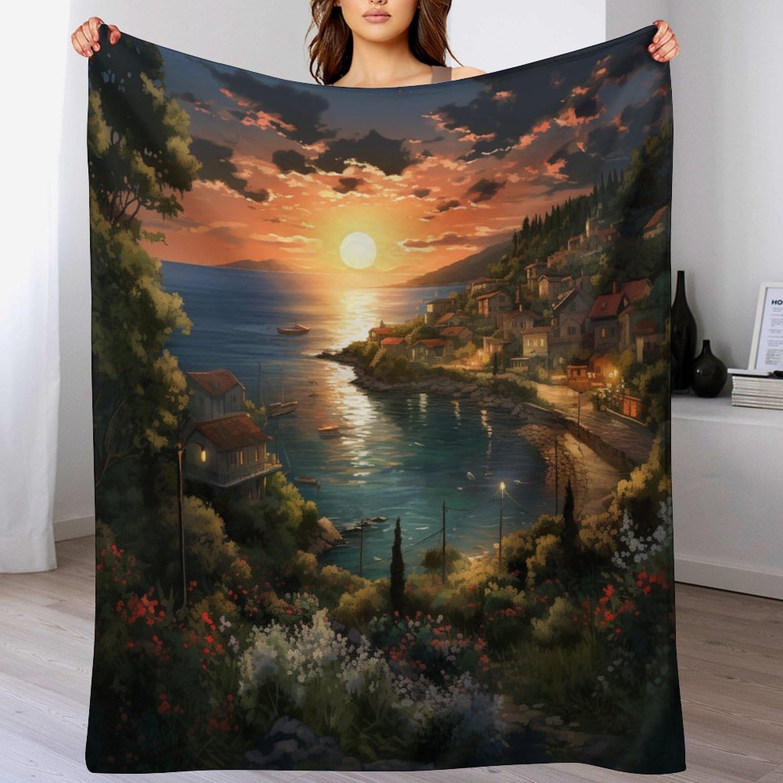 Couverture en flanelle super douce 180x200 design coucher de soleil finition haut de gamme