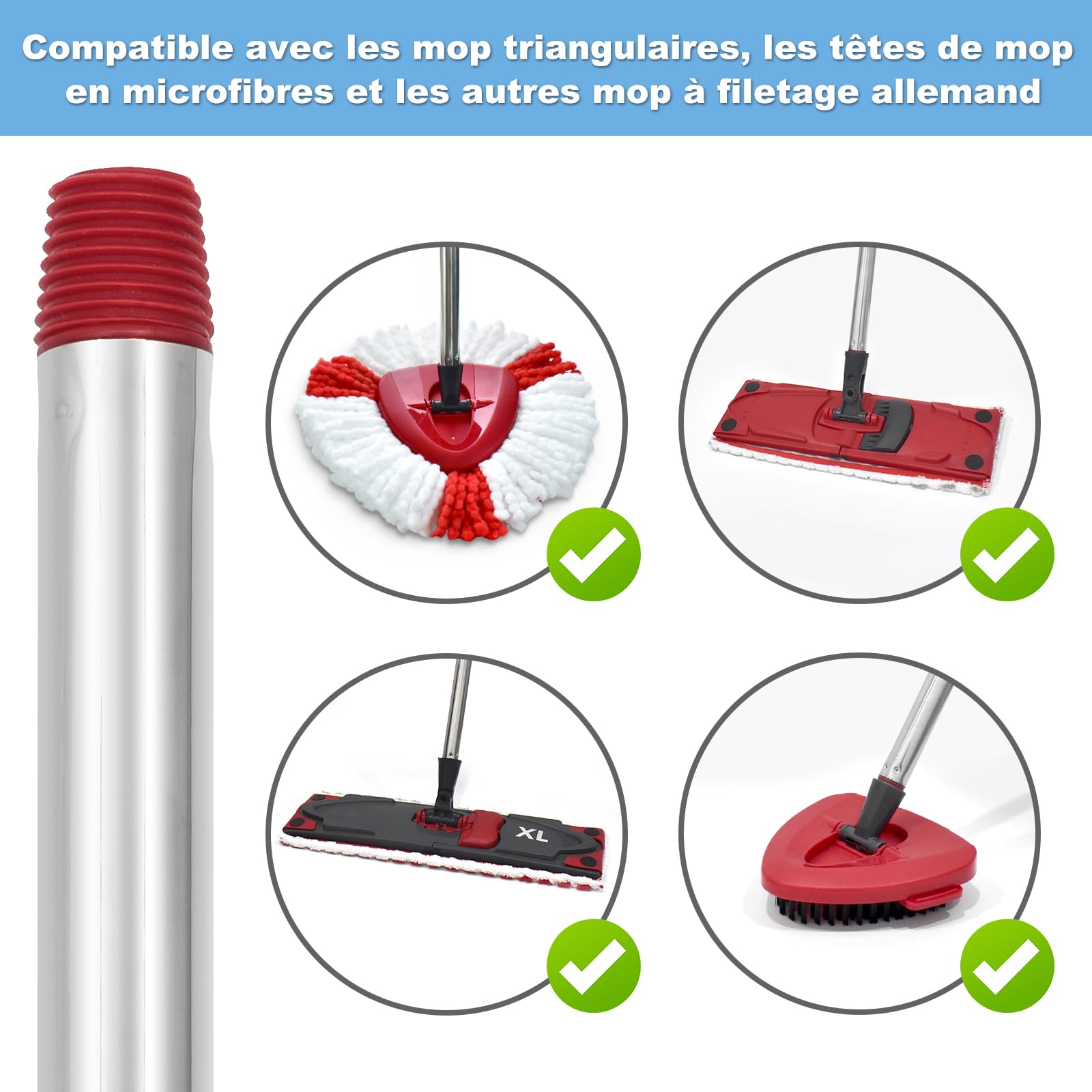1PC Manche de Serpillière de Remplacement 4 Sections Réglable Acier Inoxydable Compatible Avec Vileda Spin Turbo Easy Wring Mop Barres de Serpillière Réglables