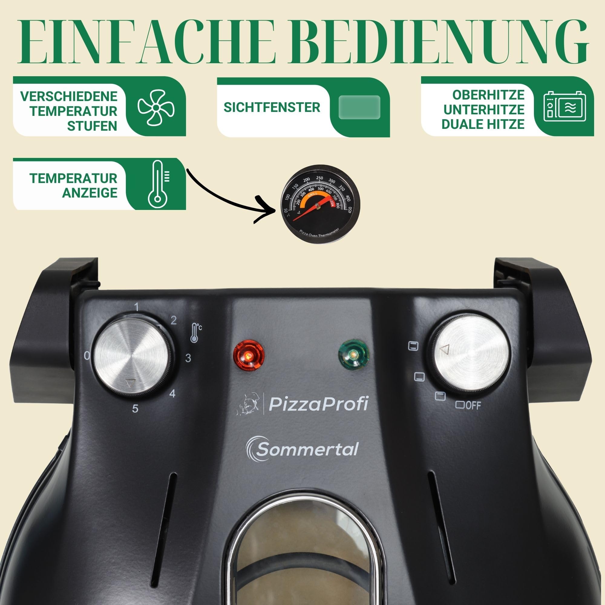 Sommertal PizzaProfi 400°C Elektrischer Pizzaofen mit Pizzastein – Ober-/Unterhitze, 5 Temperaturstufen, Temperaturanzeige