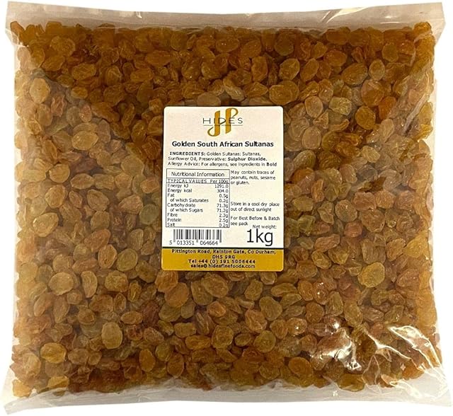 Hides Fine Foods - Golden South African Sultanas 1kg - GMO Free - Suitable for Vegetarians - Baking - Desserts - Cakes - Cookies - Tart - Mince Pies - Granola