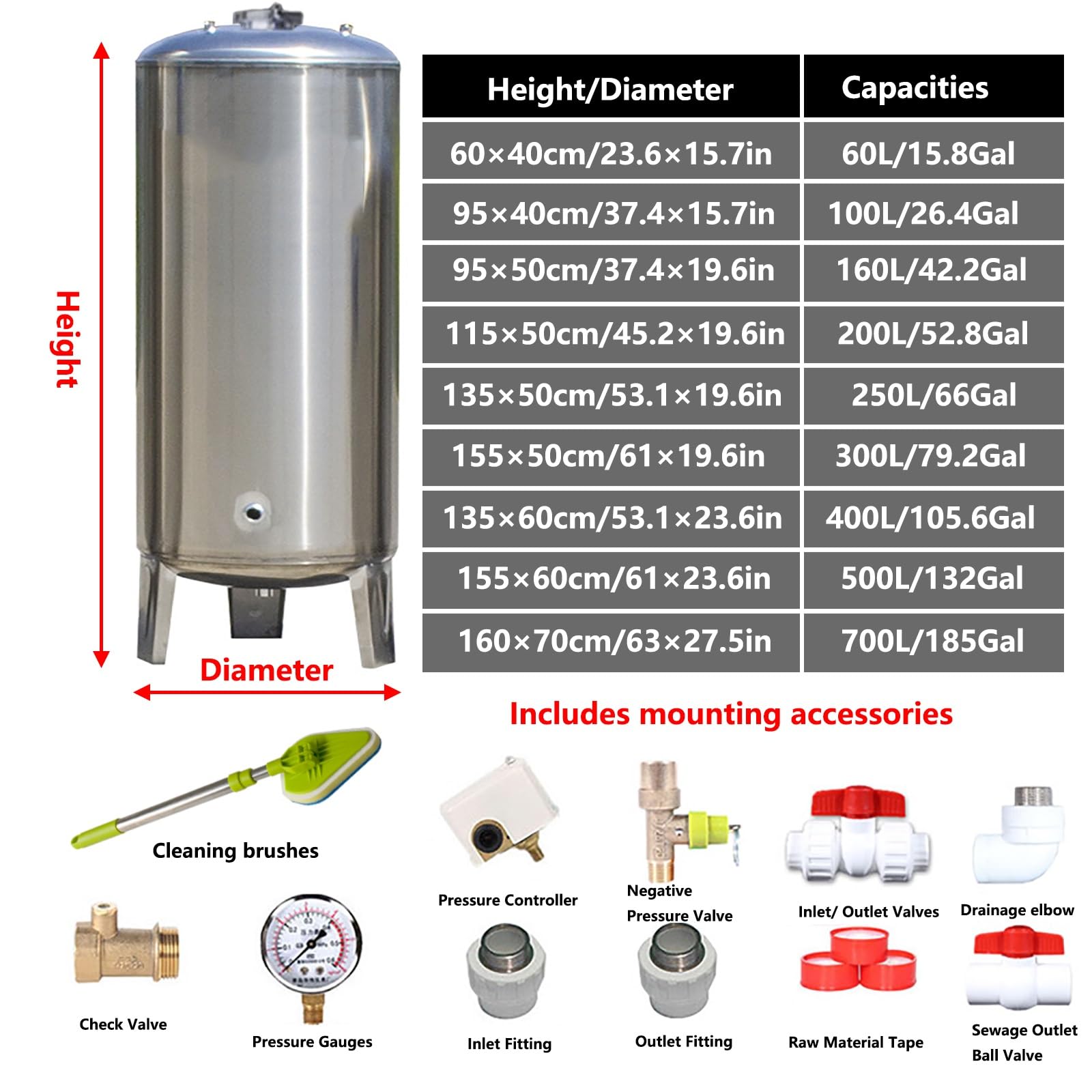 Réservoir d'eau Vertical Haute Pression en Acier Inoxydable 304, Grande capacité de 250 L (66 Gal), surpresseur de puits Lavable avec kit de Montage pour surpression d'eau de puits et de Rob