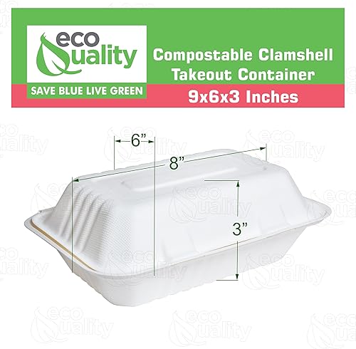 Miniatura 3 de Recipientes rectangulares compostables con bisagras para llevar de 9 x 6 x 3 pulgadas, contenedores desechables de alta calidad para llevar, caja de